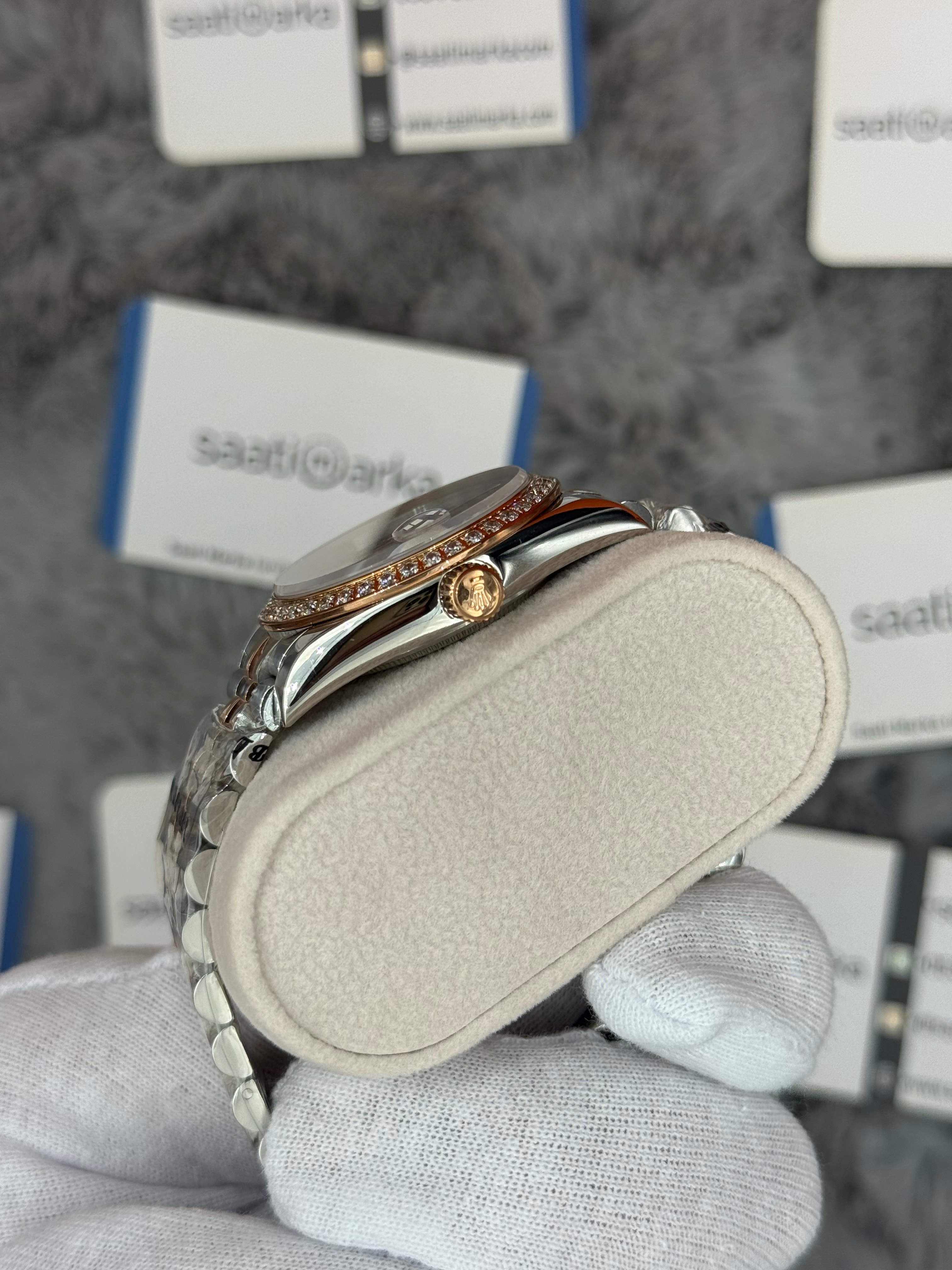 ROLEX Datejust 36mm kahverengi kadran taşlı bezel silver kasa rose silver jubilee kordon