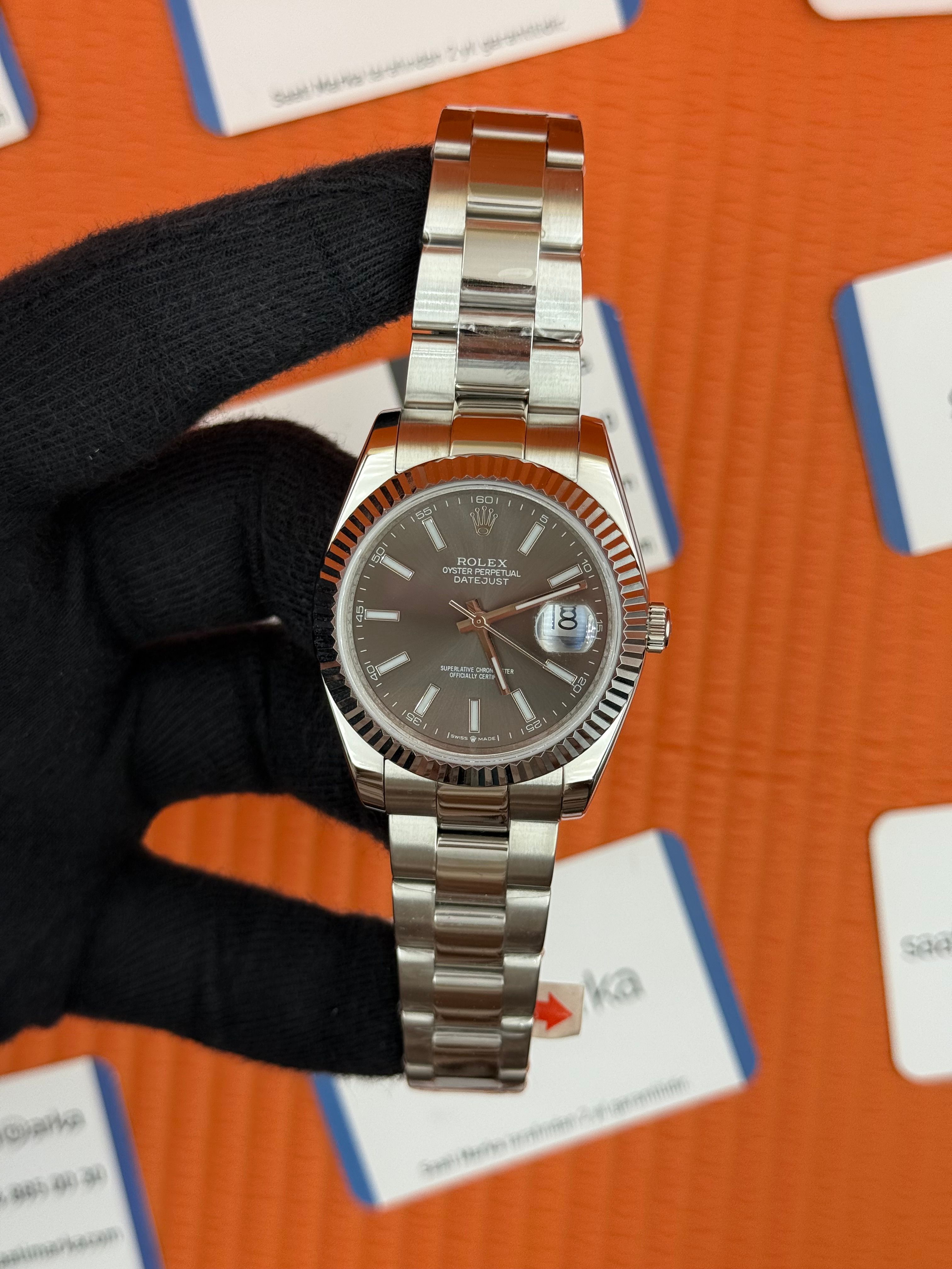 ROLEX Datejust grey dial silver oyster kordon