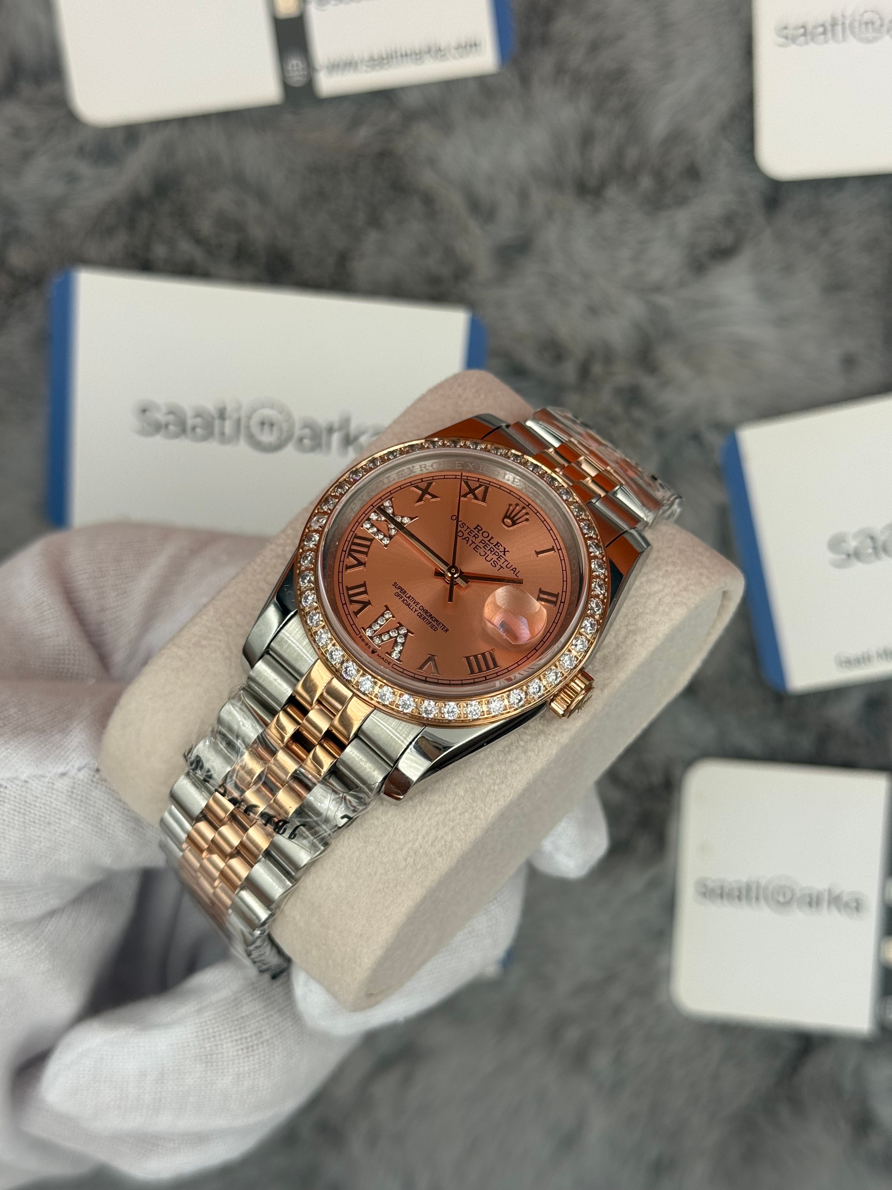ROLEX Datejust 36mm toz pembe kadran taşlı bezel silver kasa rose silver jubilee kordon