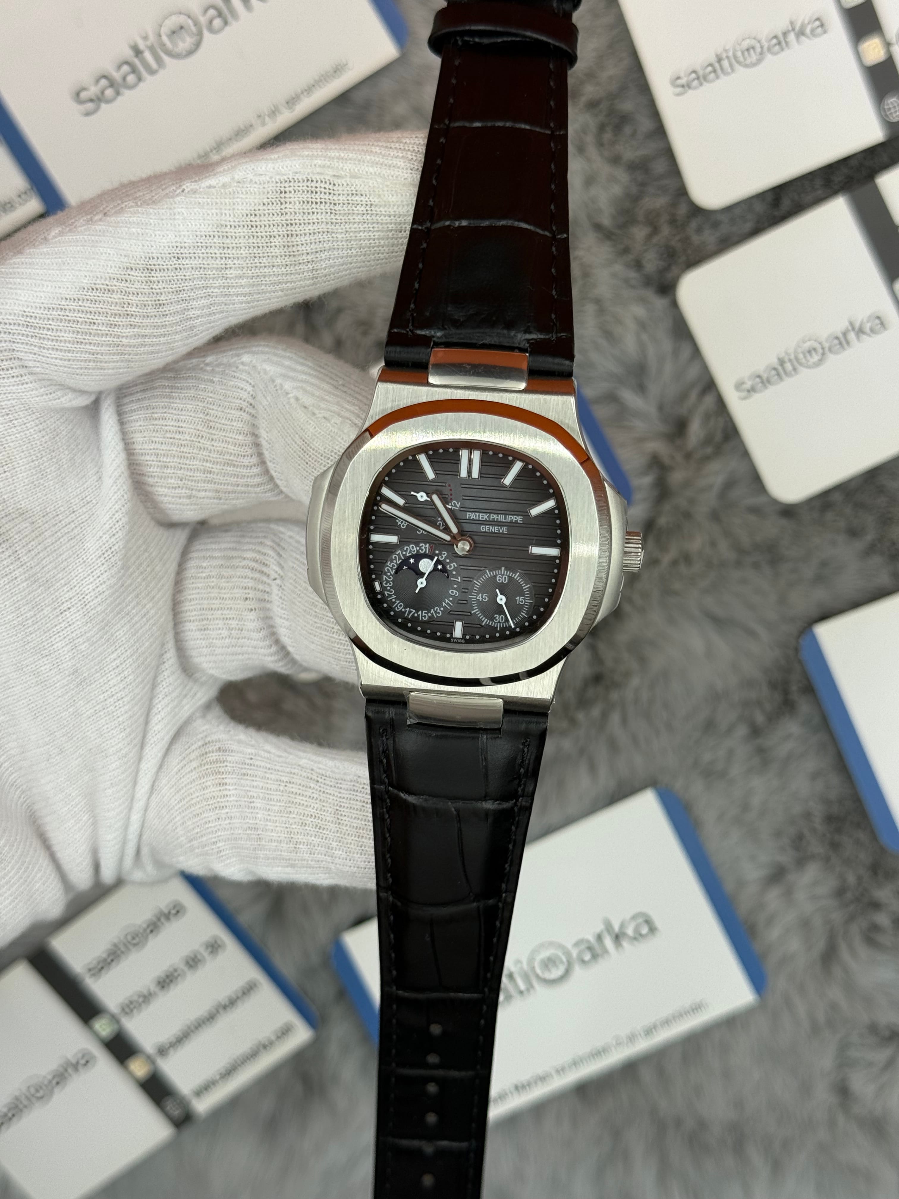 PATEK PHİLİPPE nautilus moontphase 5712 gri kadran siyah deri kordon silver kasa 40mm erkek kol saati