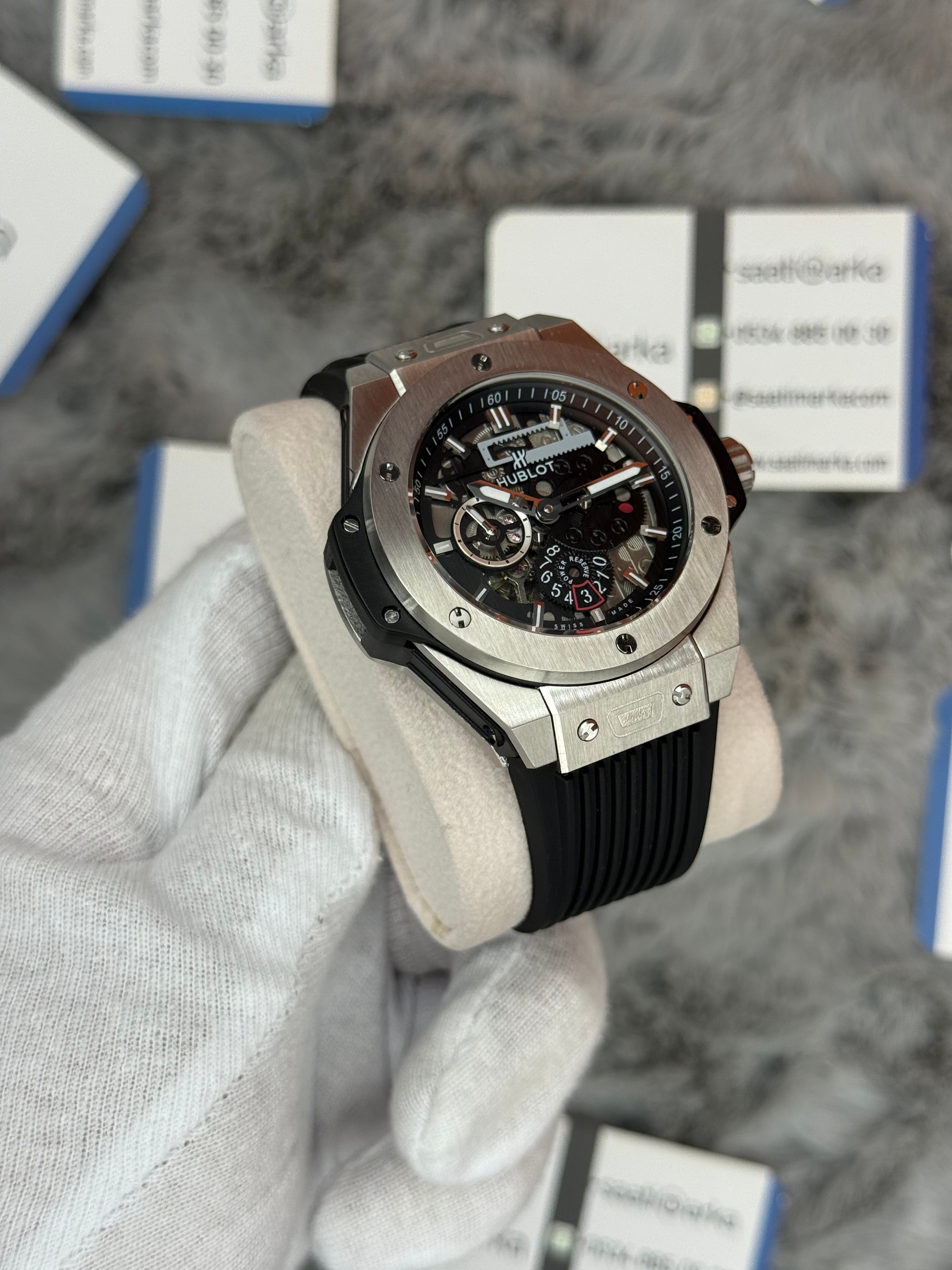 HUBLOT big bang tourbillon 42mm silver kasa siyah kauçuk kordon erkek kol saati
