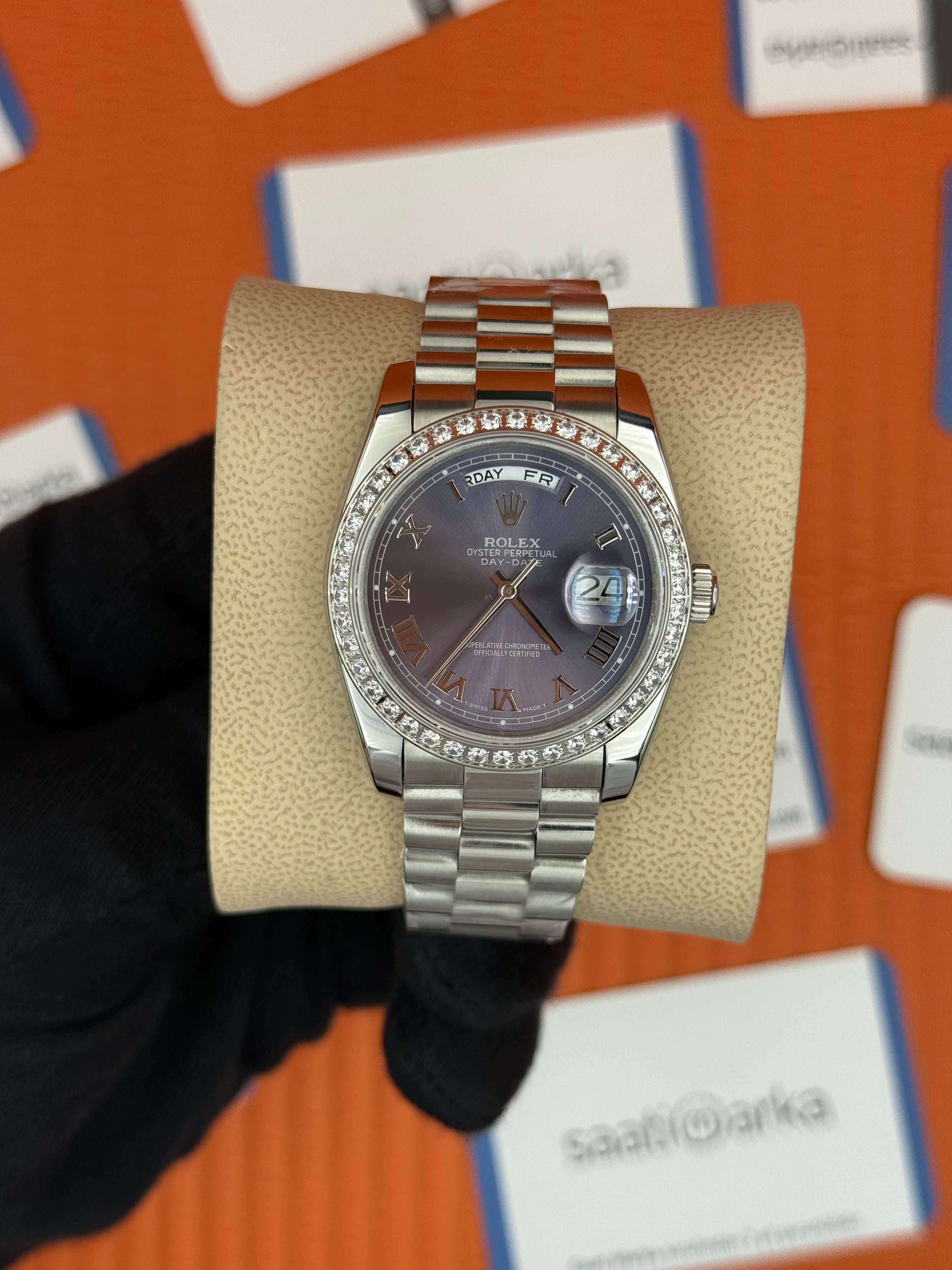 ROLEX day date 36mm president silver kordon mor kadran taşlı bezel 