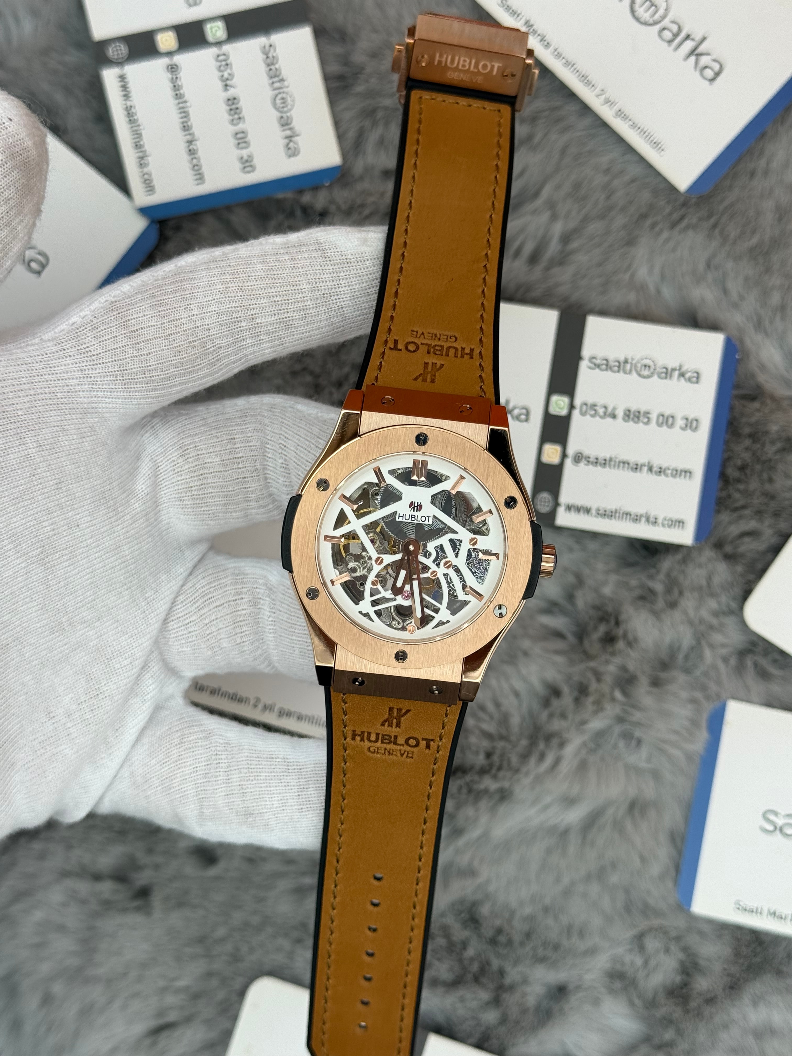 HUBLOT big bang tourbillon 41mm rose kasa kahverengi deri kordon erkek kol saati