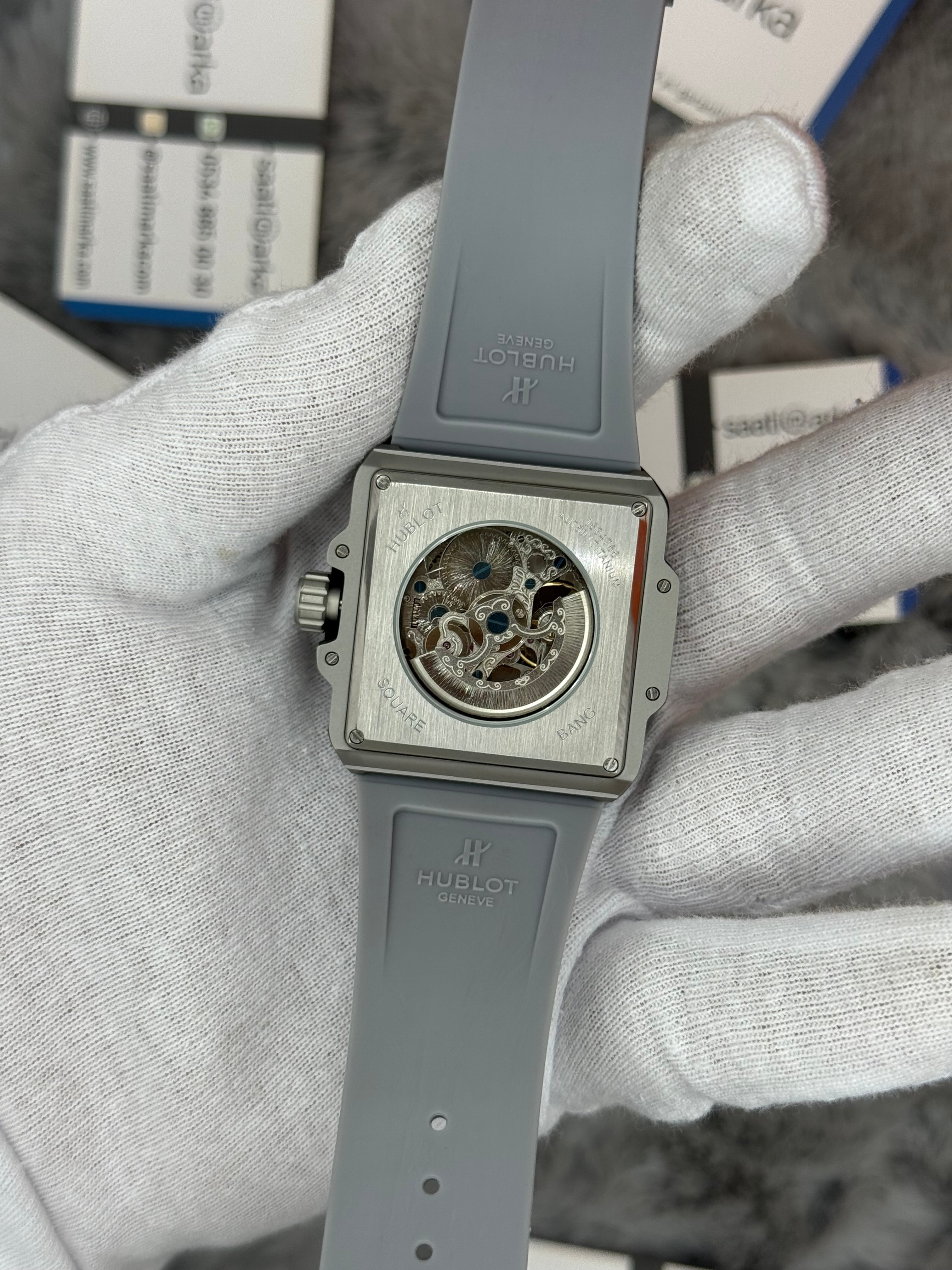 HUBLOT square bang tourbillon 42mm silver kasa gri kauçuk kordon erkek kol saati
