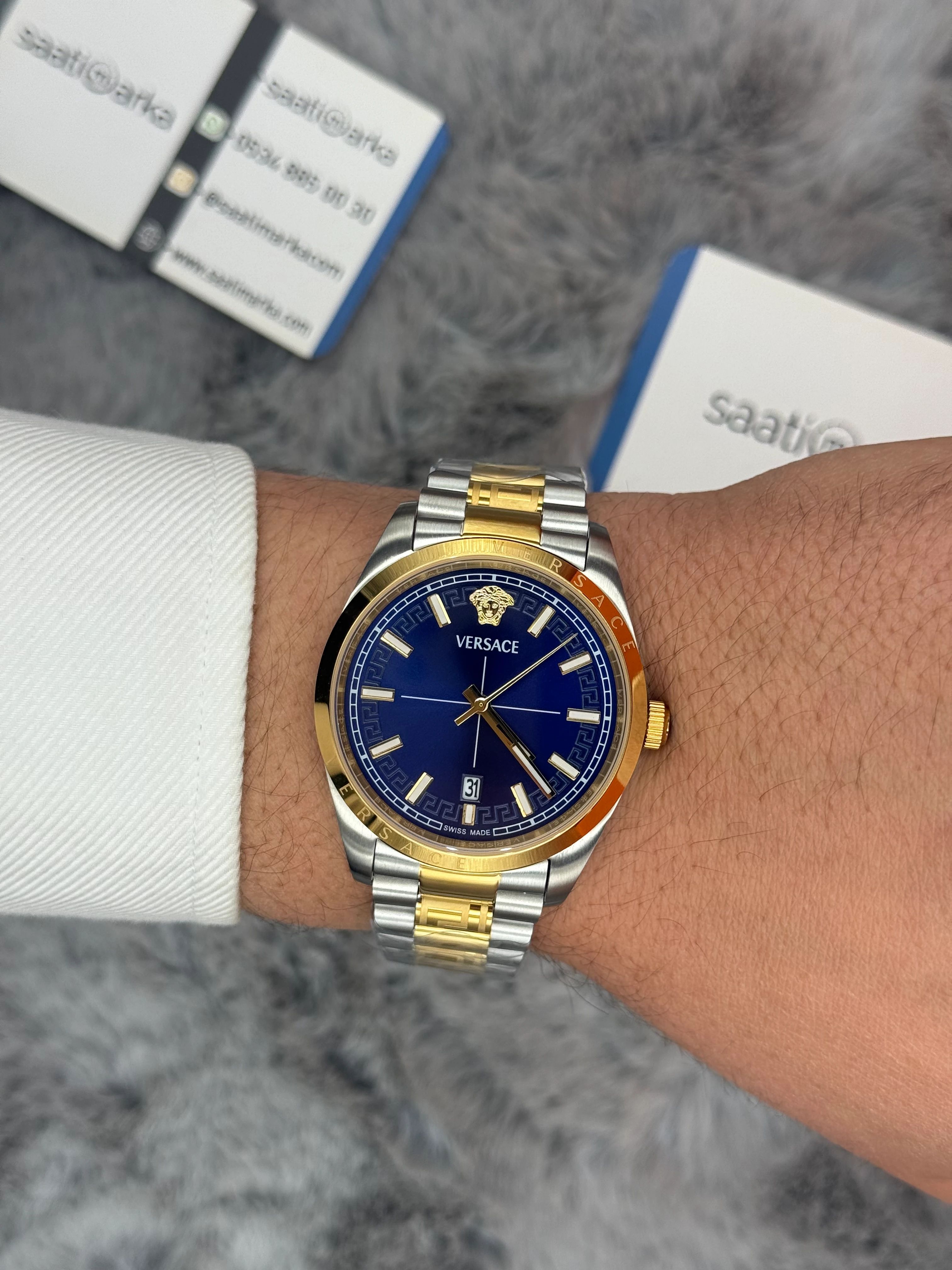 VERSACE 40MM MAVİ KADRAN GOLD SİLVER KASA KORDON ERKEK KOOL SAATİ