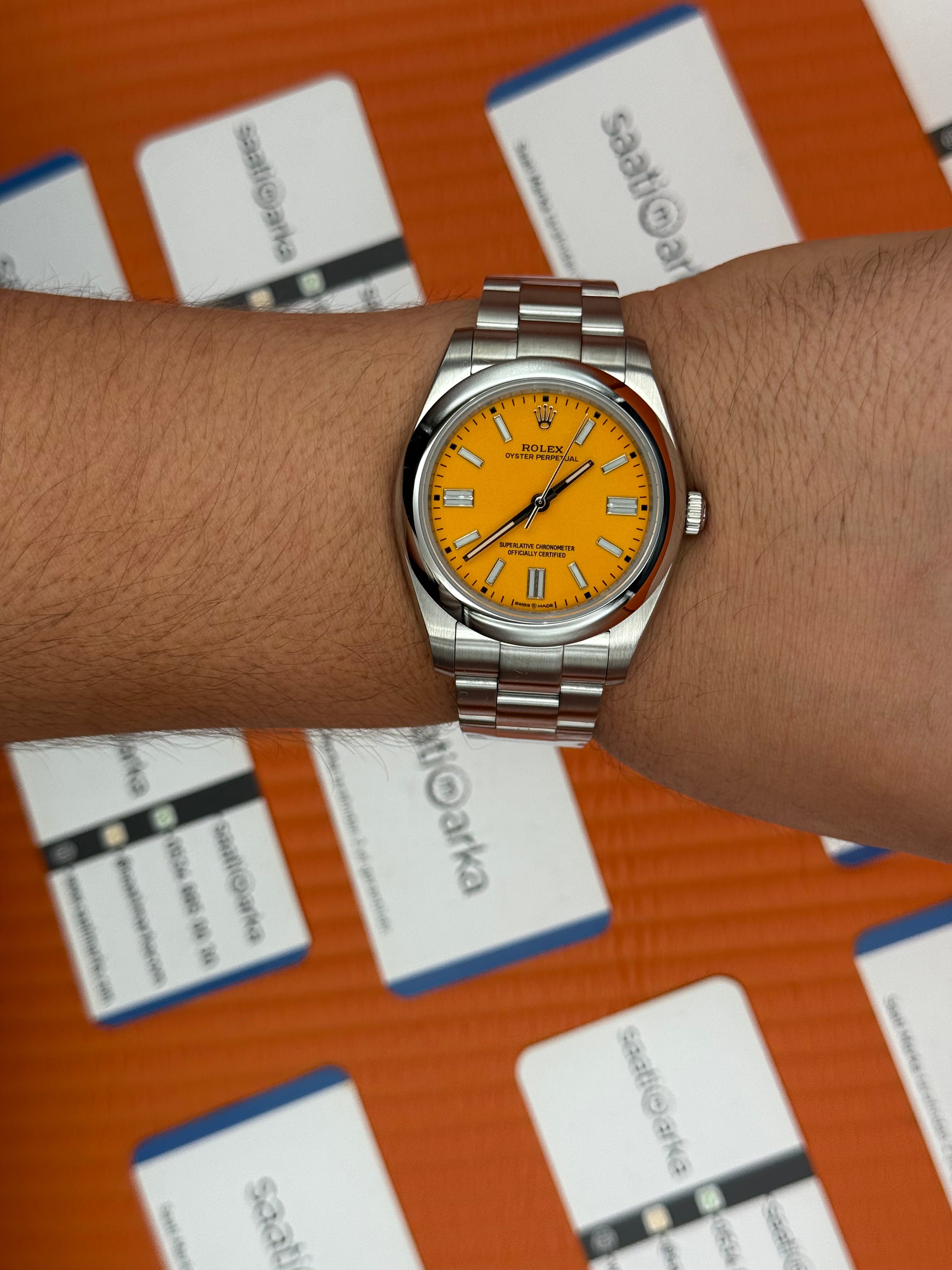 ROLEX oyster perpetual sarı kadran silver kasa kordon erkek kol saati