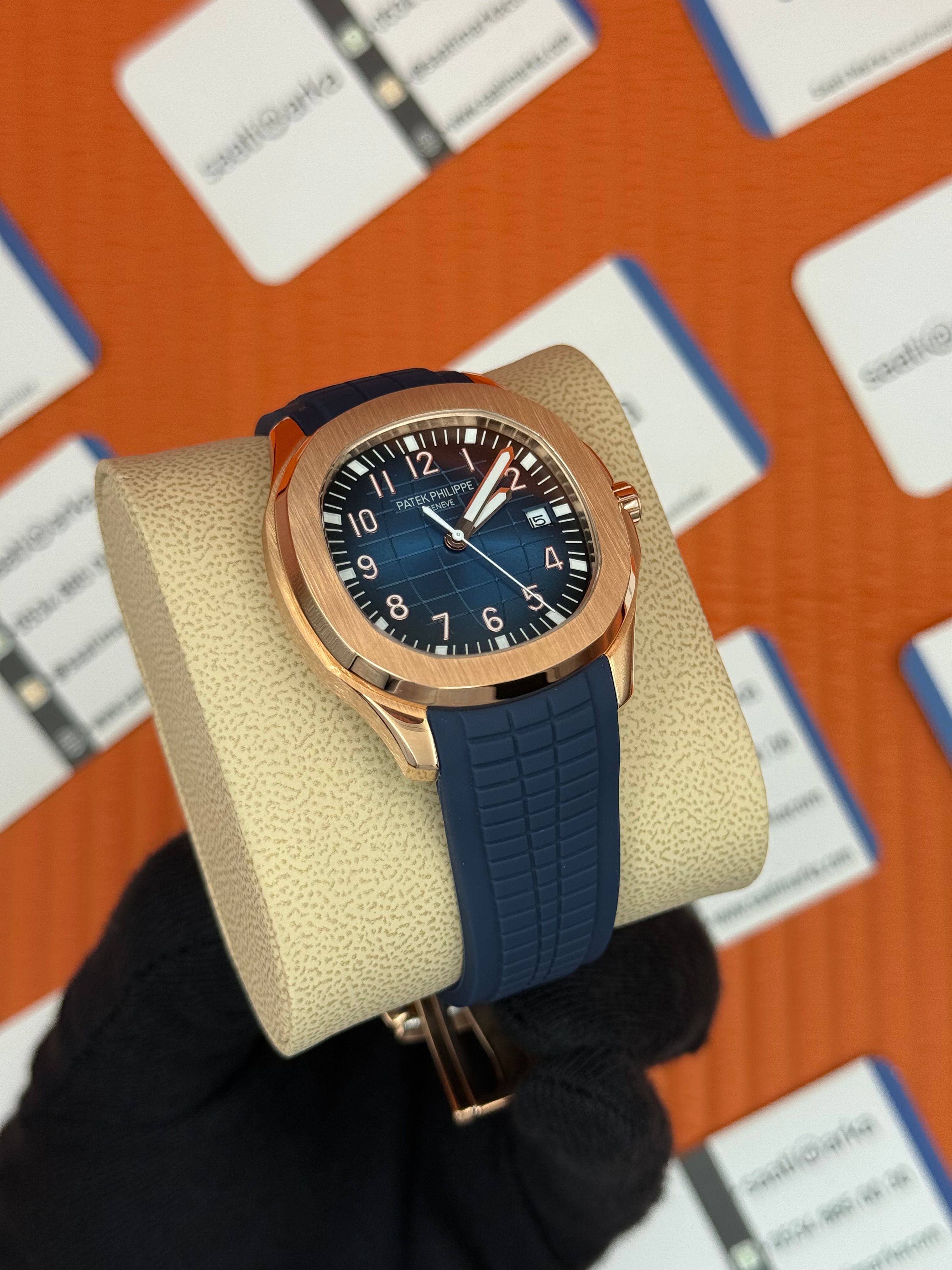 PATEK PHILIPPE AQUANAUT MAVİ KAUÇUK KORDON ROSE KASA MAVİ KADRAN 