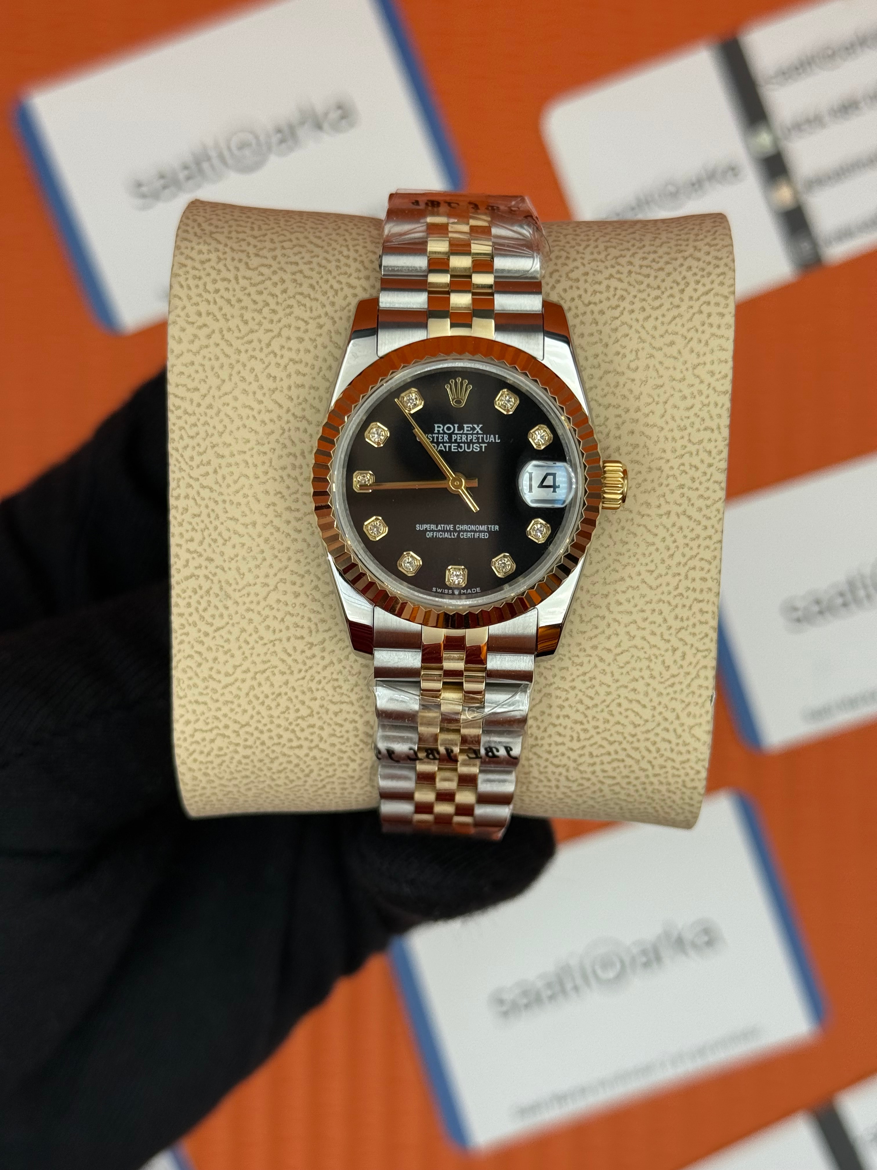 ROELX datejust 31mm siyah baget taşlı kadran gold silver jubilee kordon