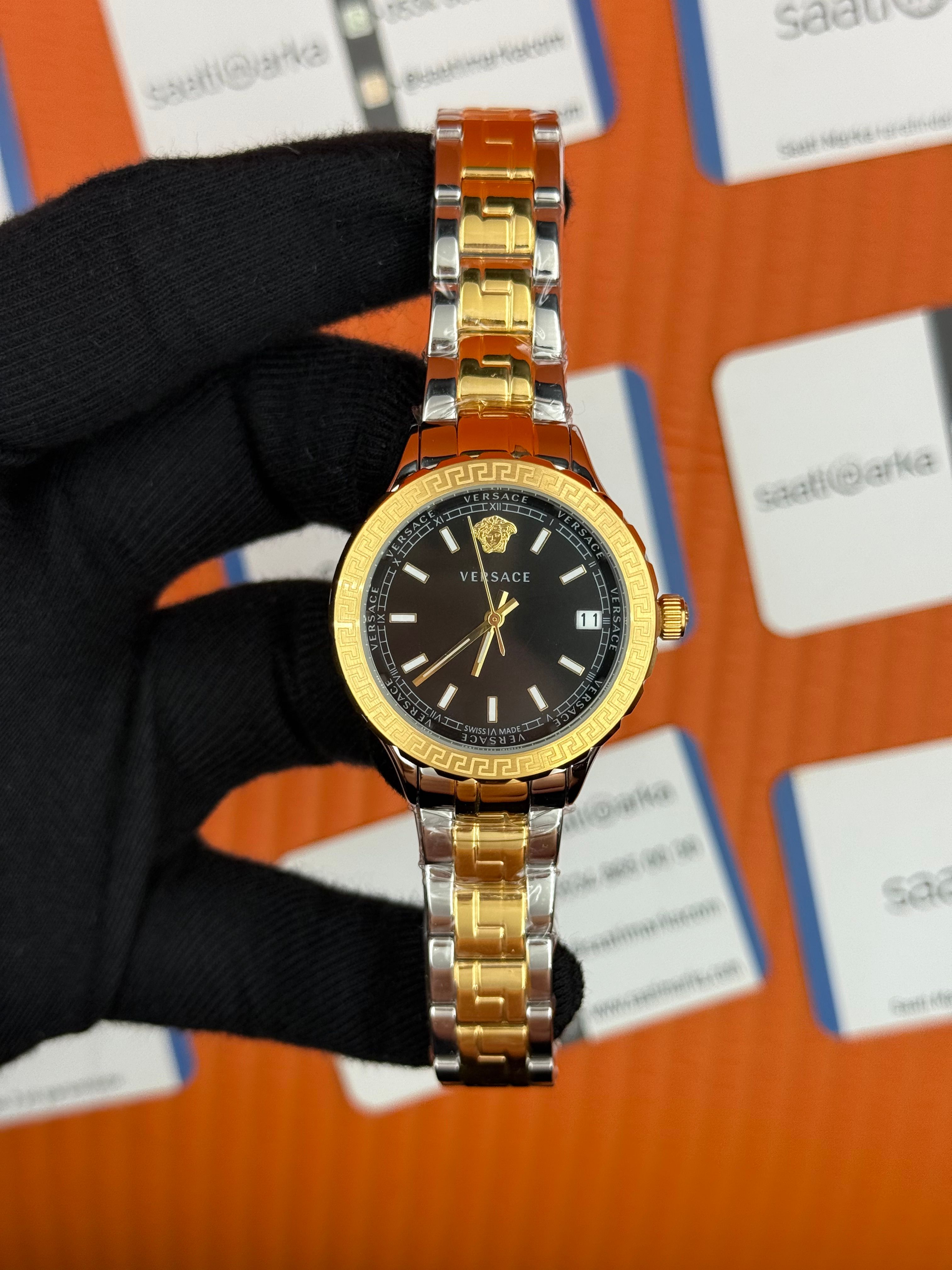 VERSACE siyah kadran gold silver kasa kordon kadın kol saati