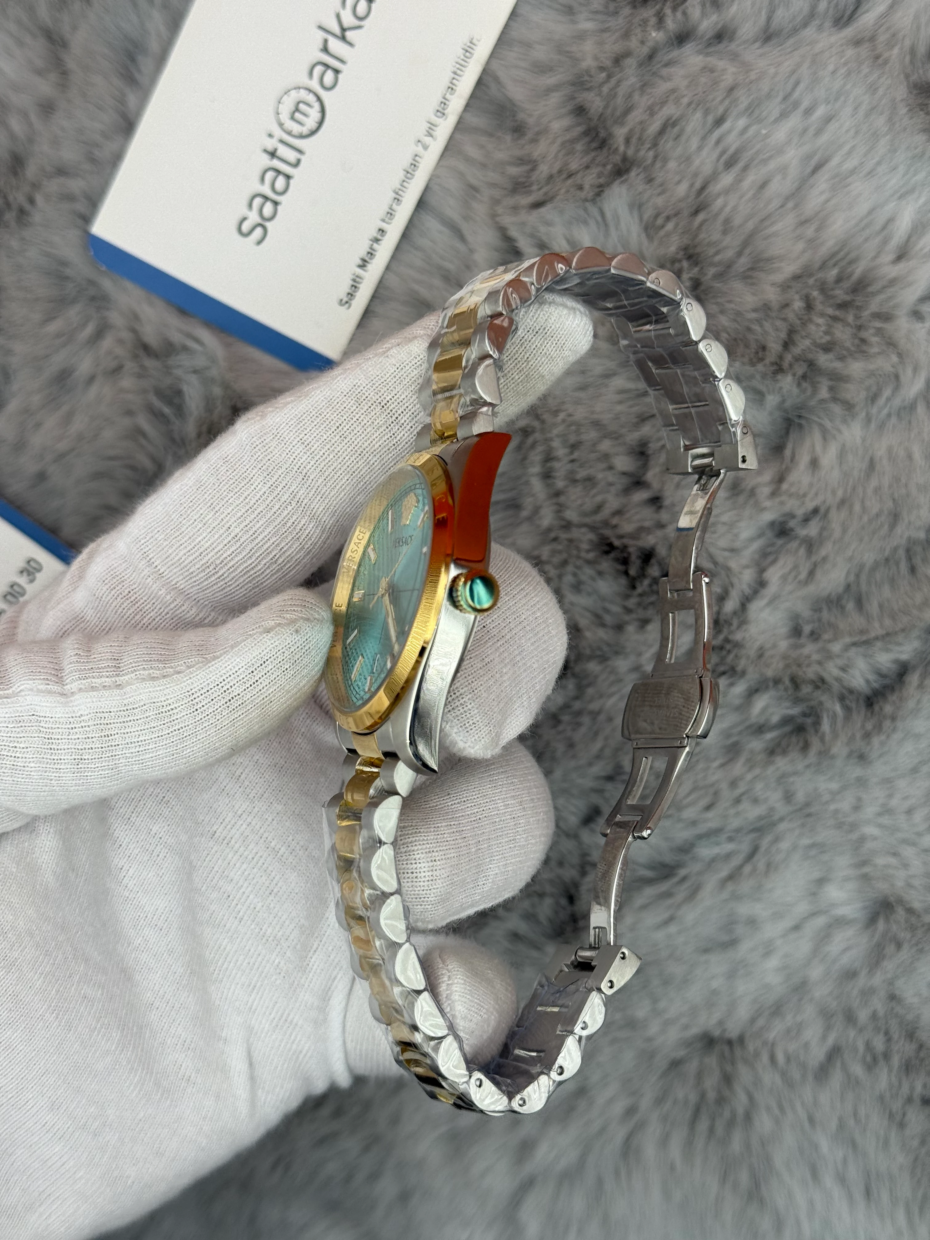 VERSACE 40MM TURKUAZ KADRAN GOLD SİLVER KASA KORDON ERKEK KOL SAATİ