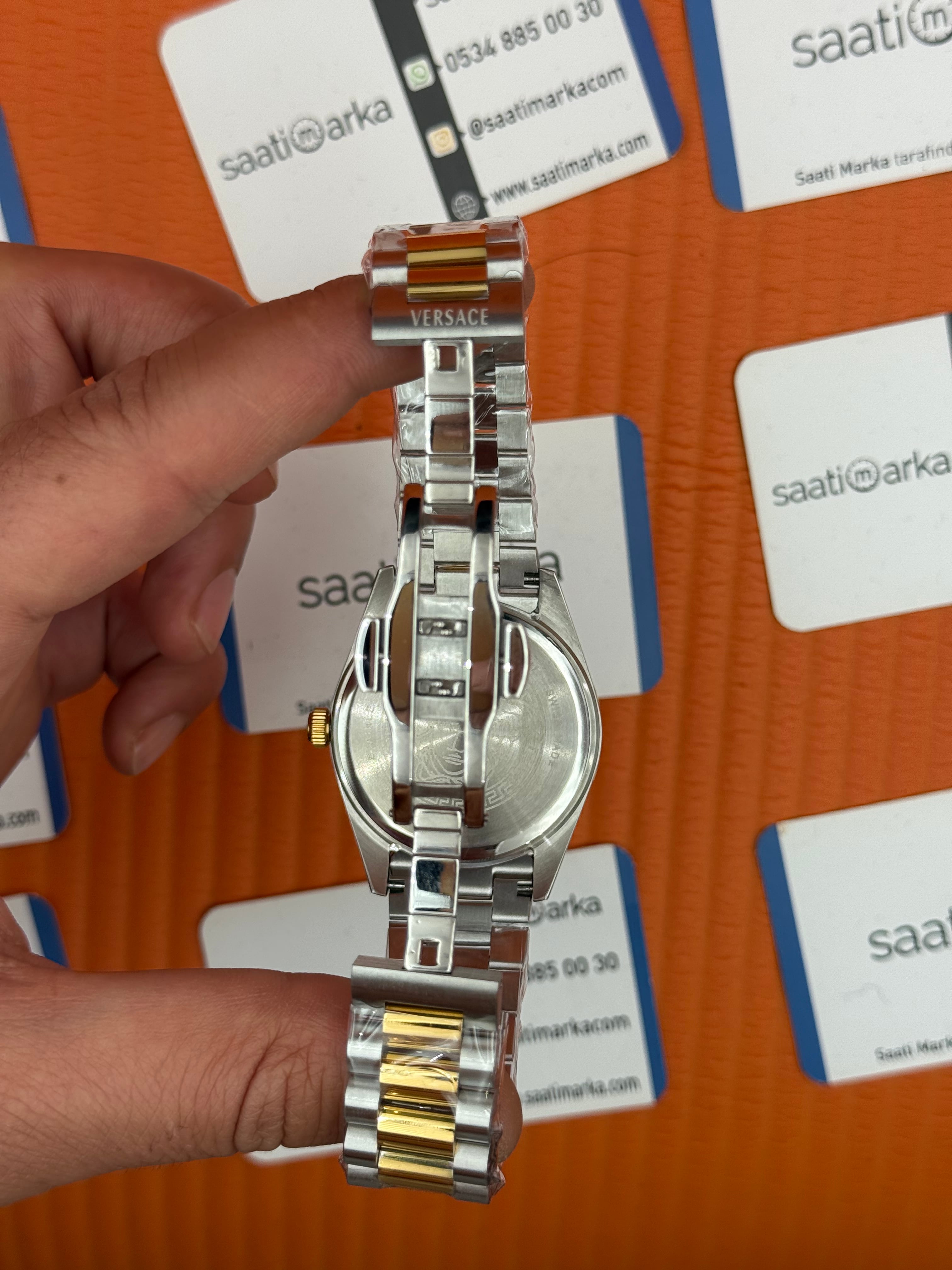 VERSACE 40mm lacivert kadran gold silver kasa kordon erkek kol saati