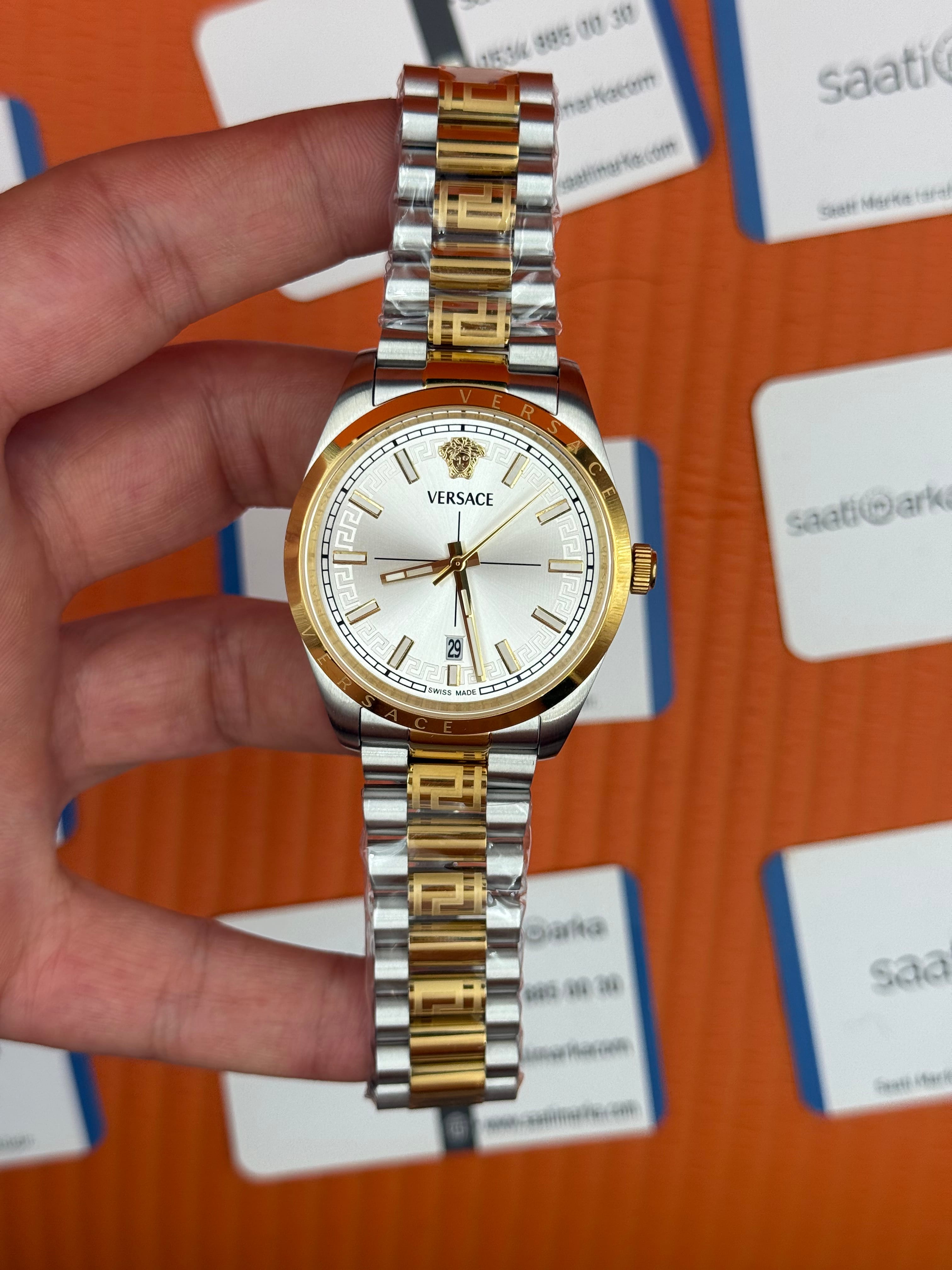 VERSACE 40mm beyaz kadran gold silver kasa kordon erkek kol saati
