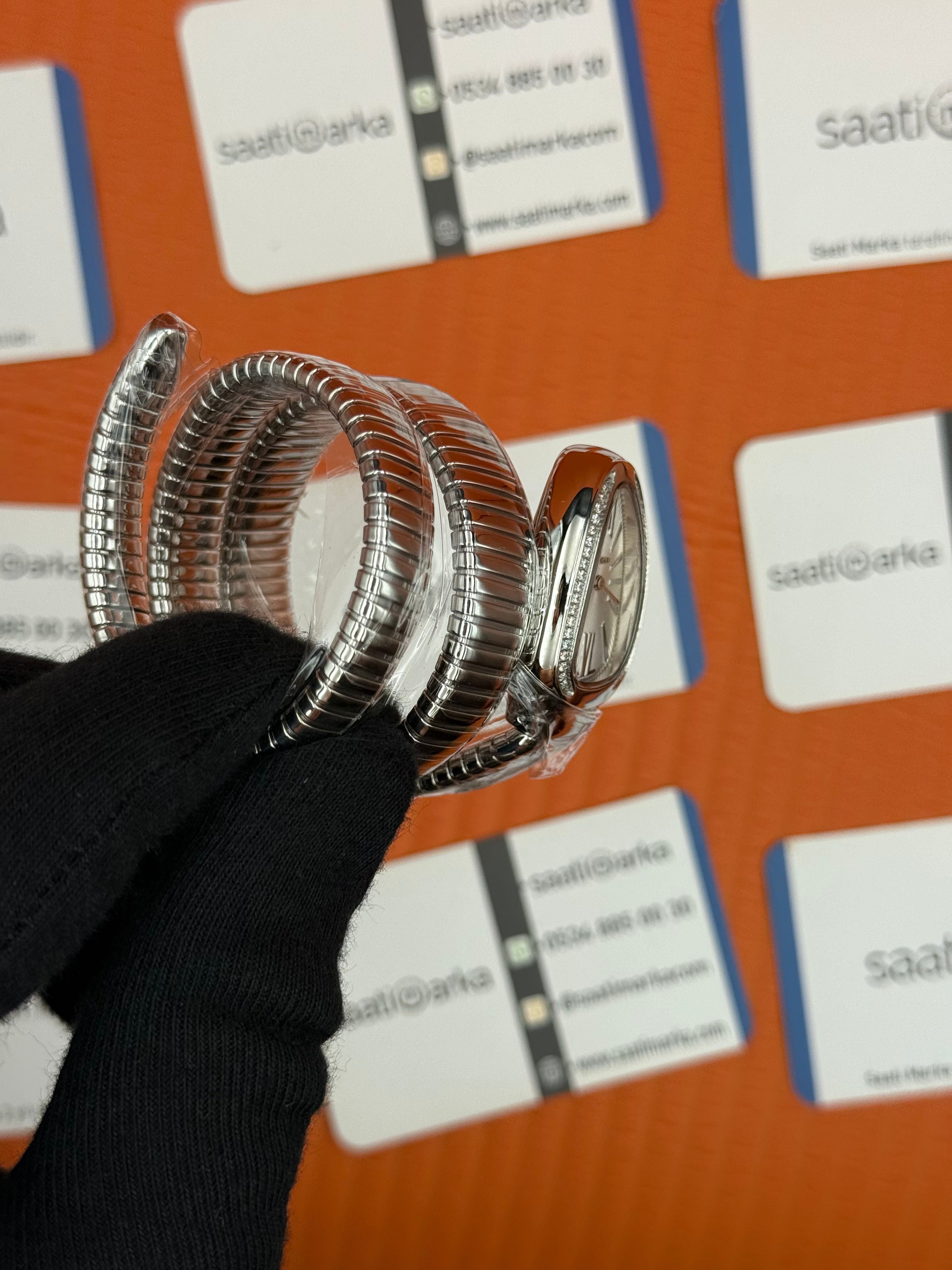 BVLGARİ serpenti çift sarma silver kordon taşlı bezel beyaz kadran kadın kol saati