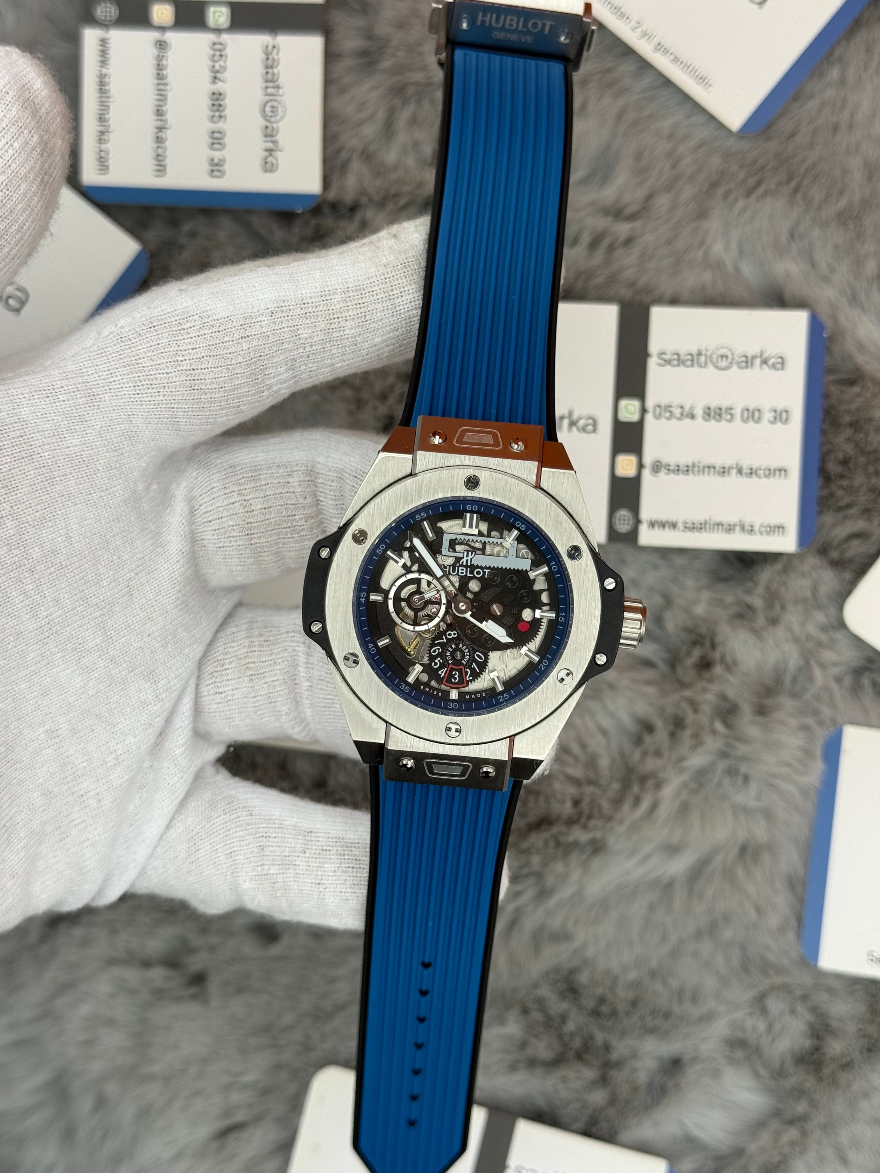 HUBLOT big bang tourbillon 42mm silver kasa mavi kauçuk kordon erkek kol saati