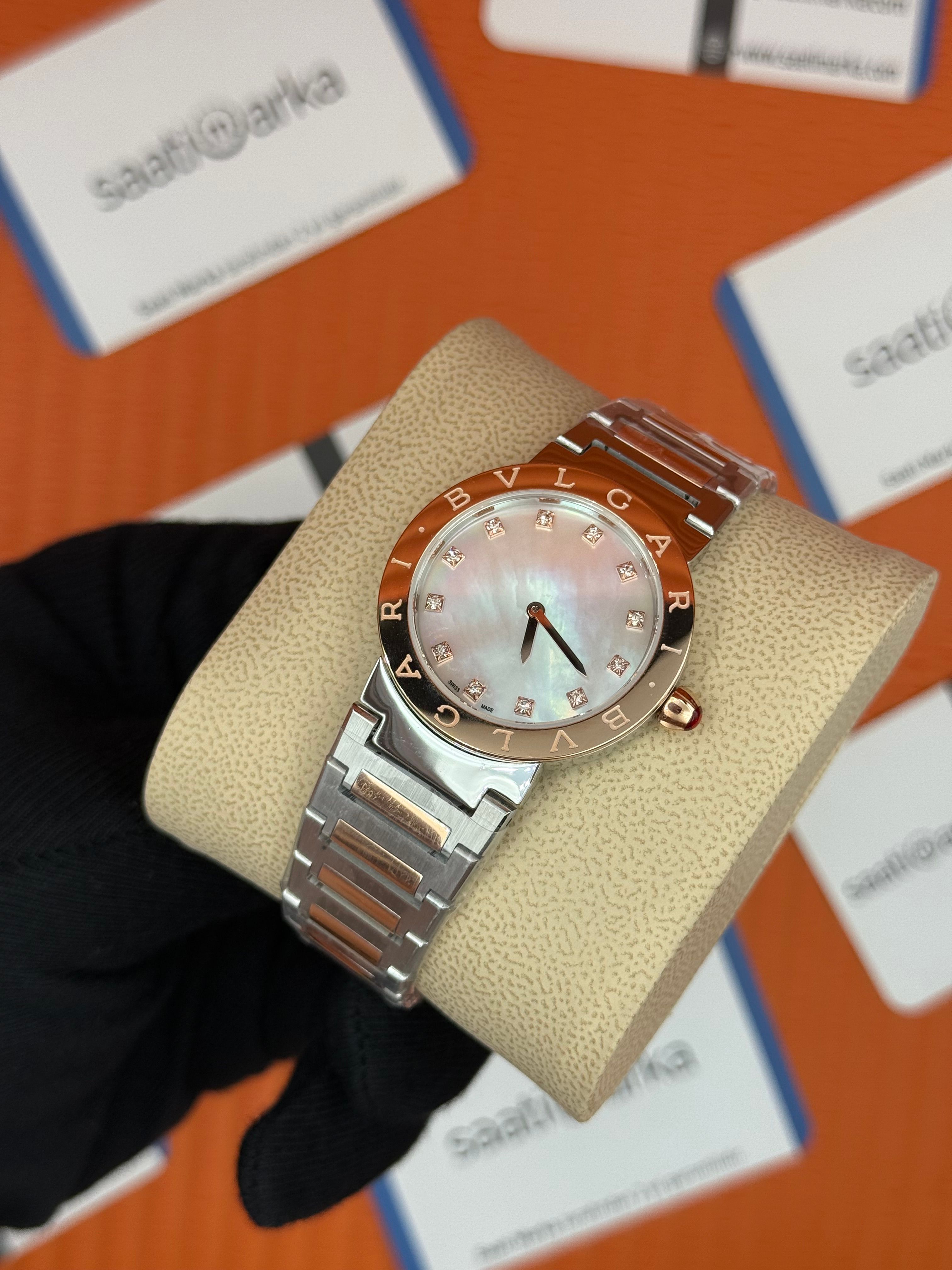 BVLGARI sedefli kadran rose bezel silver kasa kordon kadın kol saati