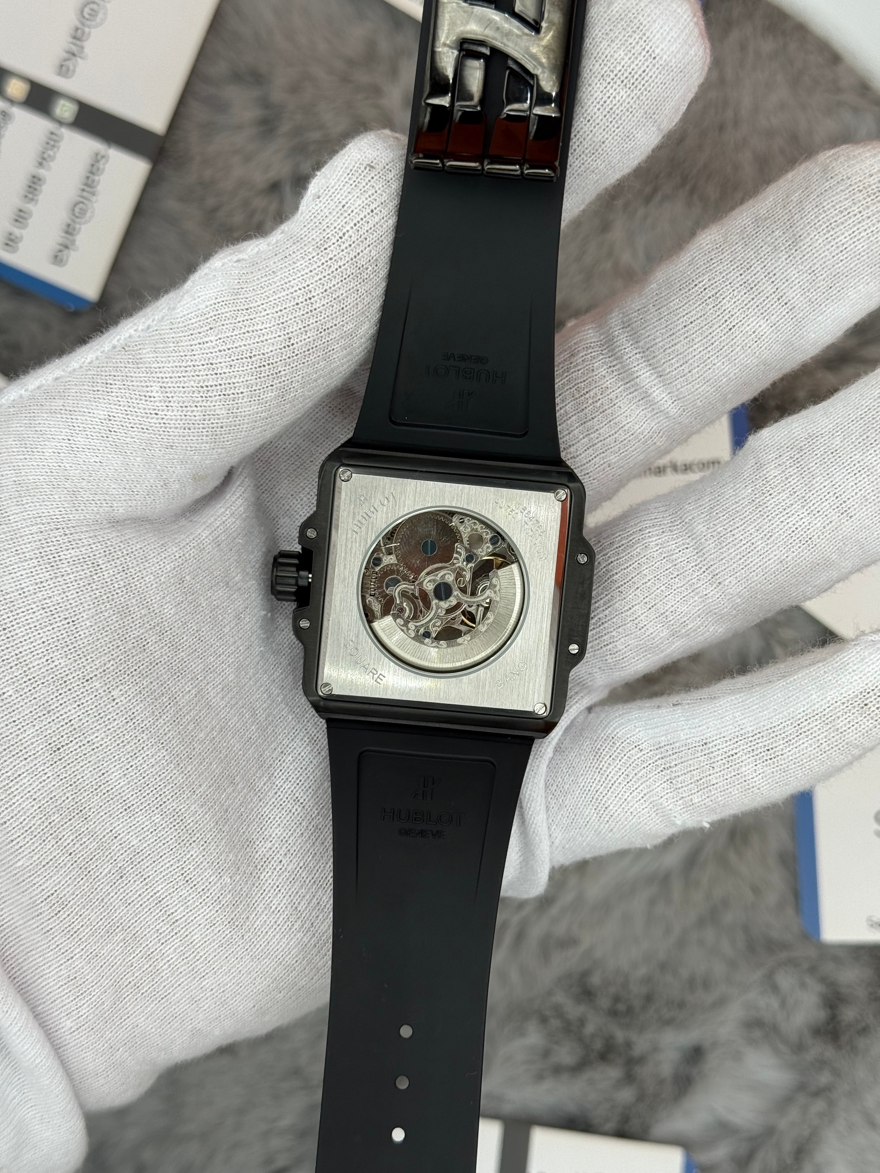 HUBLOT square bang tourbillon 42mm siyah kasa siyah kauçuk kordon erkek kol saati