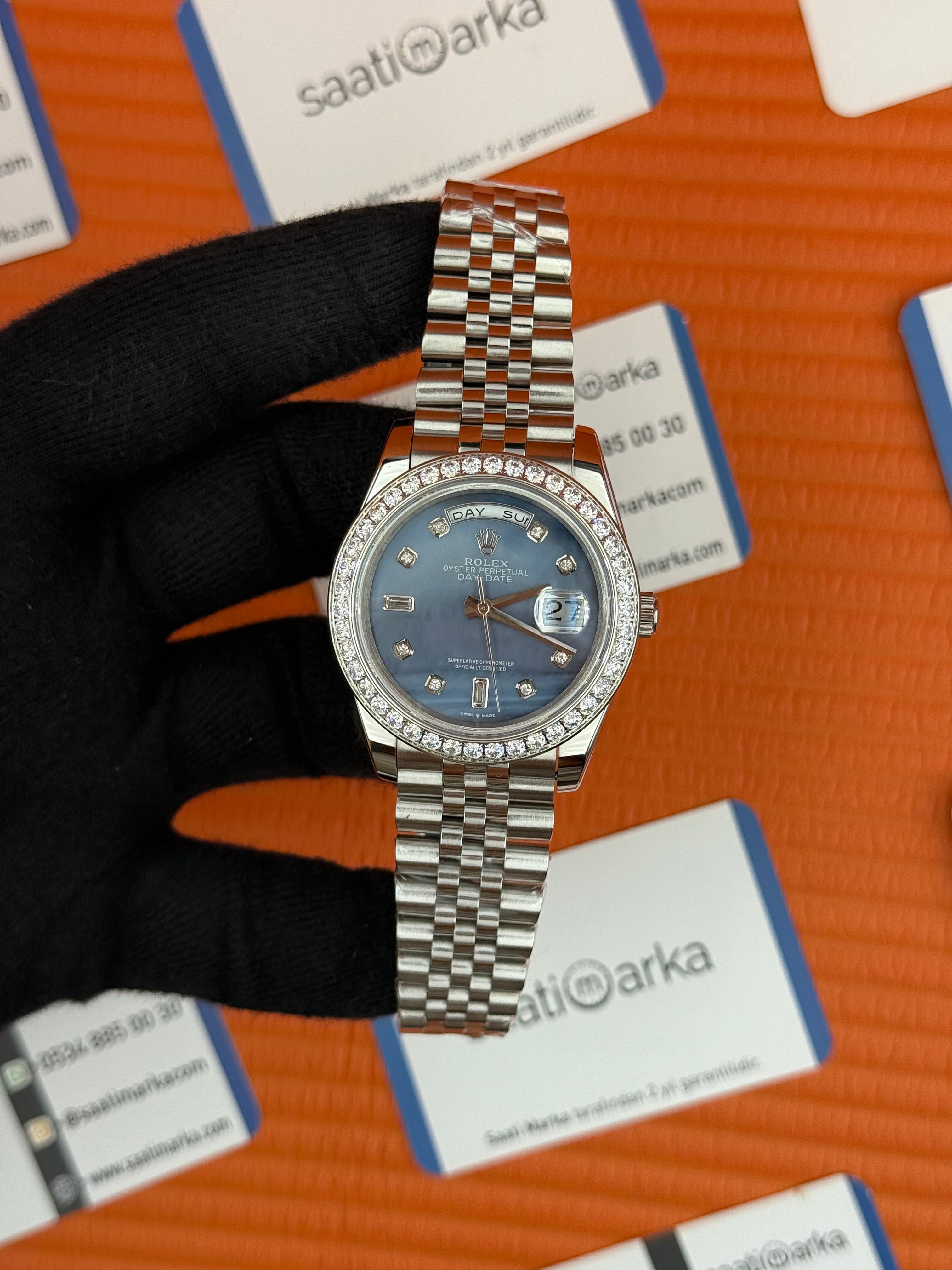 ROLEX Day  taşlı bezel Date baget taşlı bulut kadran  silver jubilee kordon