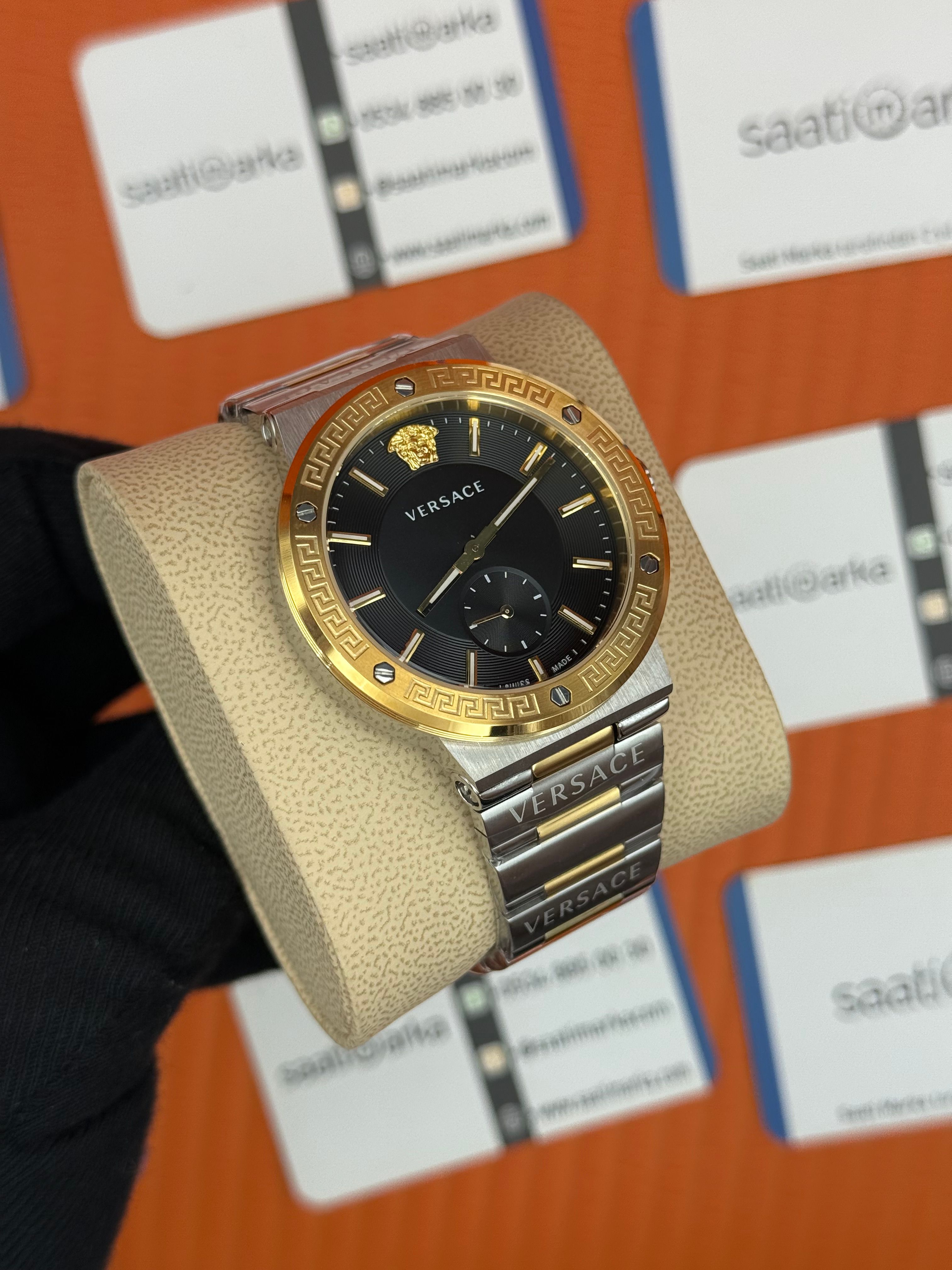 VERSACE siyah kadran gold silver kasa kordon erkek kol saati