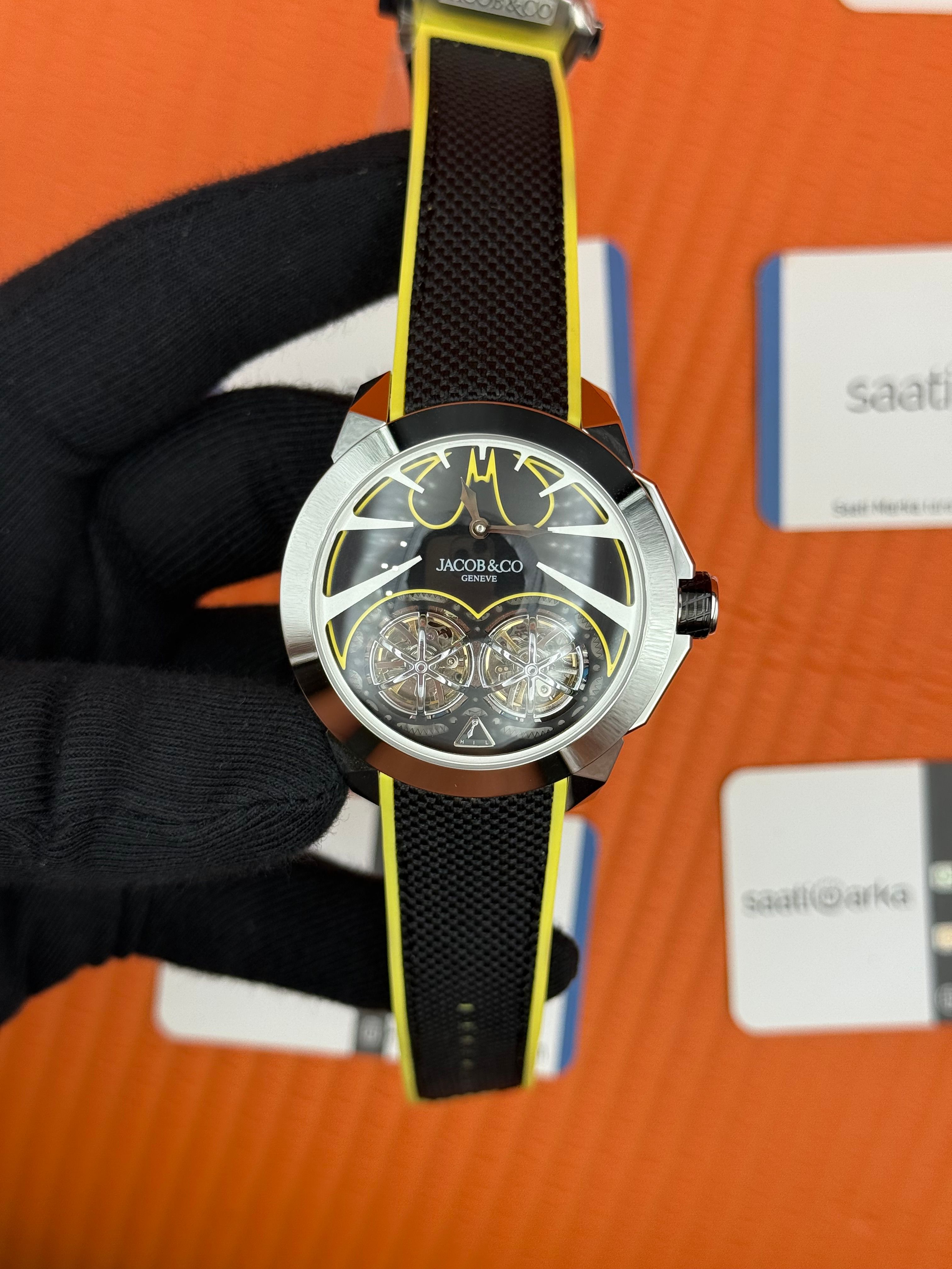 JACOB&CO siyah turbillon kadran sarı siyah kauçuk kordon silver kasa 