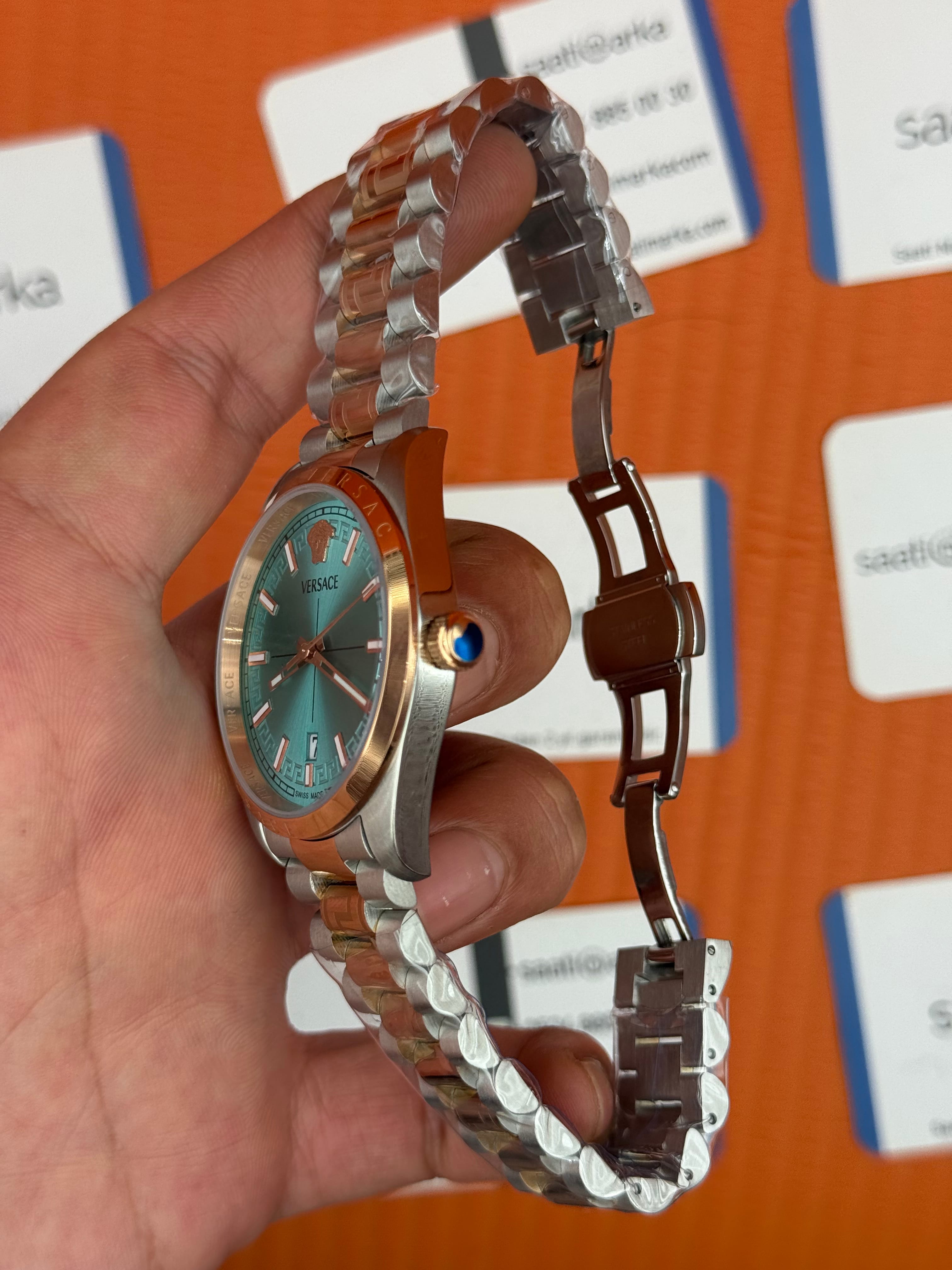 VERSACE 40mm turkuaz kadran rose silver kasa kordon erkek kol saati