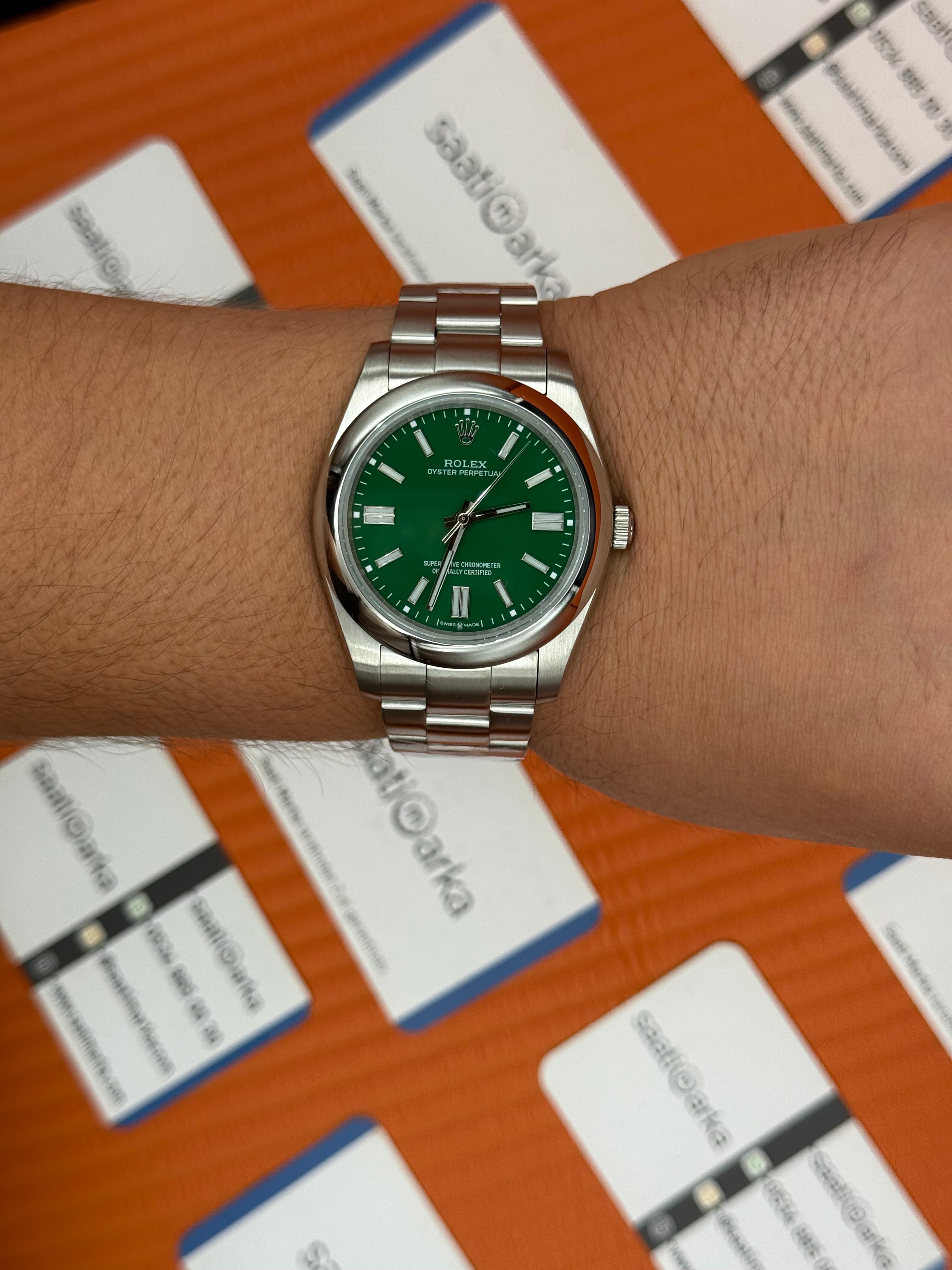 ROLEX oyster perpetual yeşil kadran silver kasa kordon erkek kol sati
