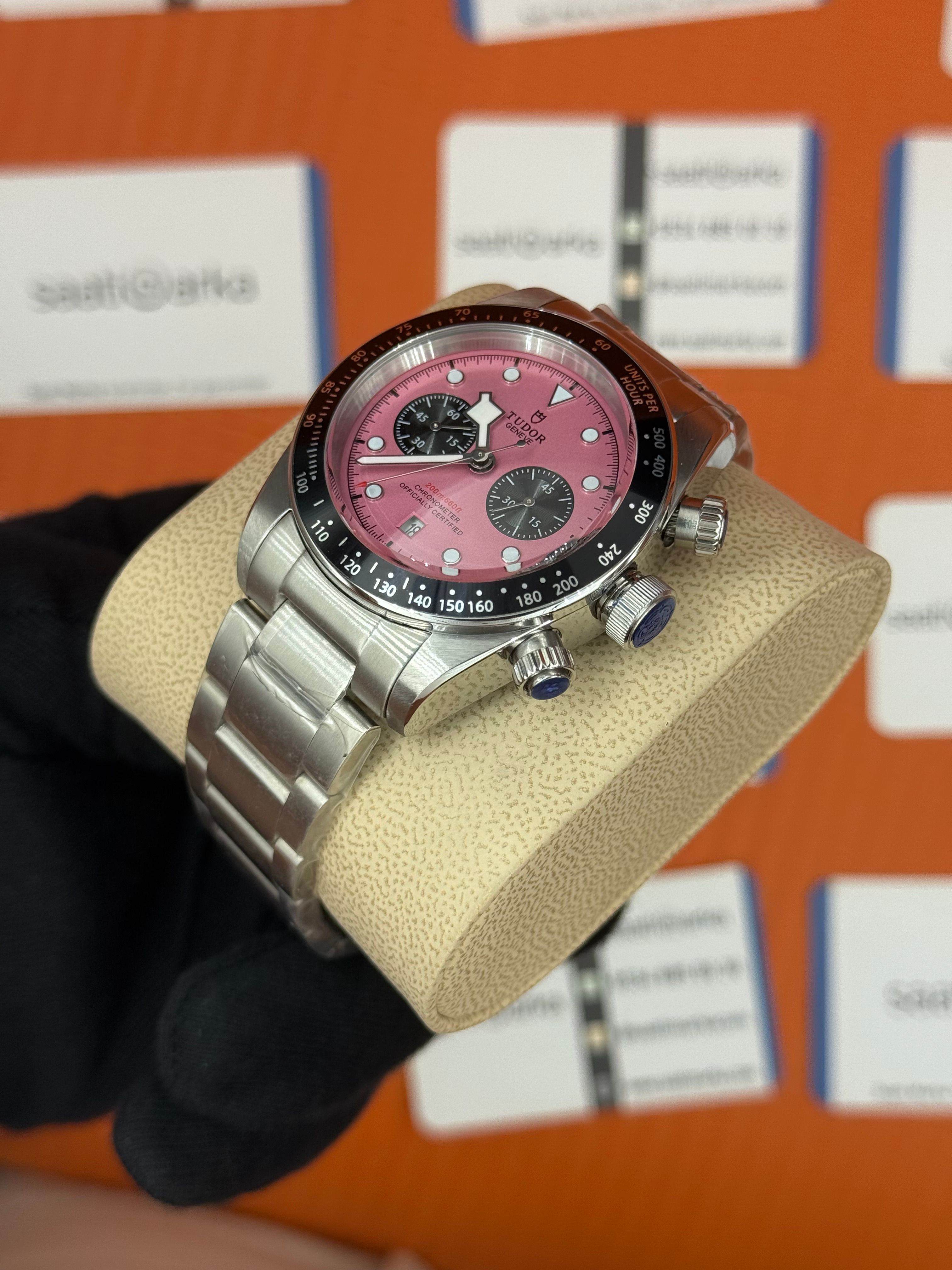 TUDOR black bay flamingo pink kadran silver kasa kordon 41mm erkek kol saati