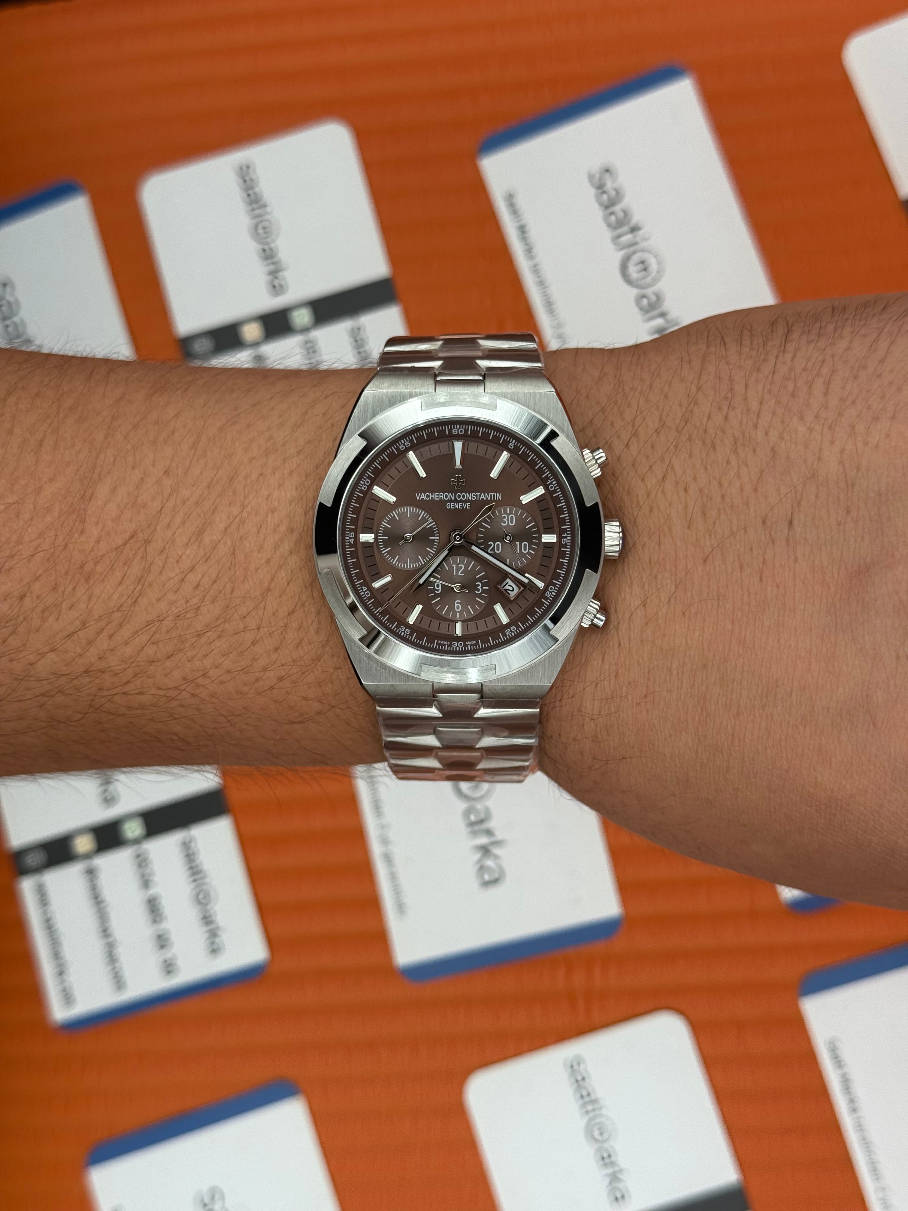VACHERON CONSTANTIN overseas chronograph kahverengi kardan silver kasa kordon erkek kol saati