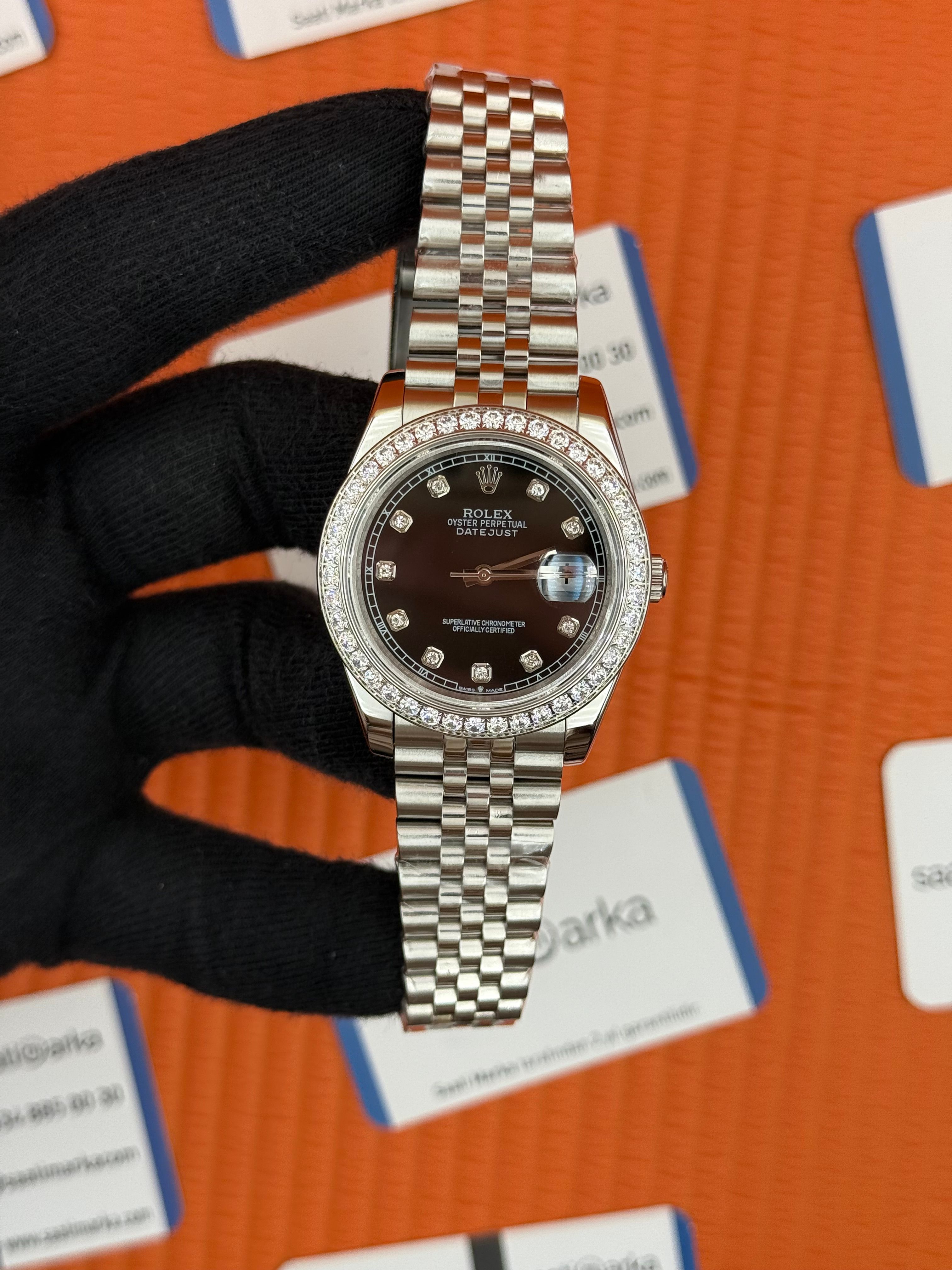 ROLEX Datejust taşlı bezel baget taşlı black dial silver jubilee kordon