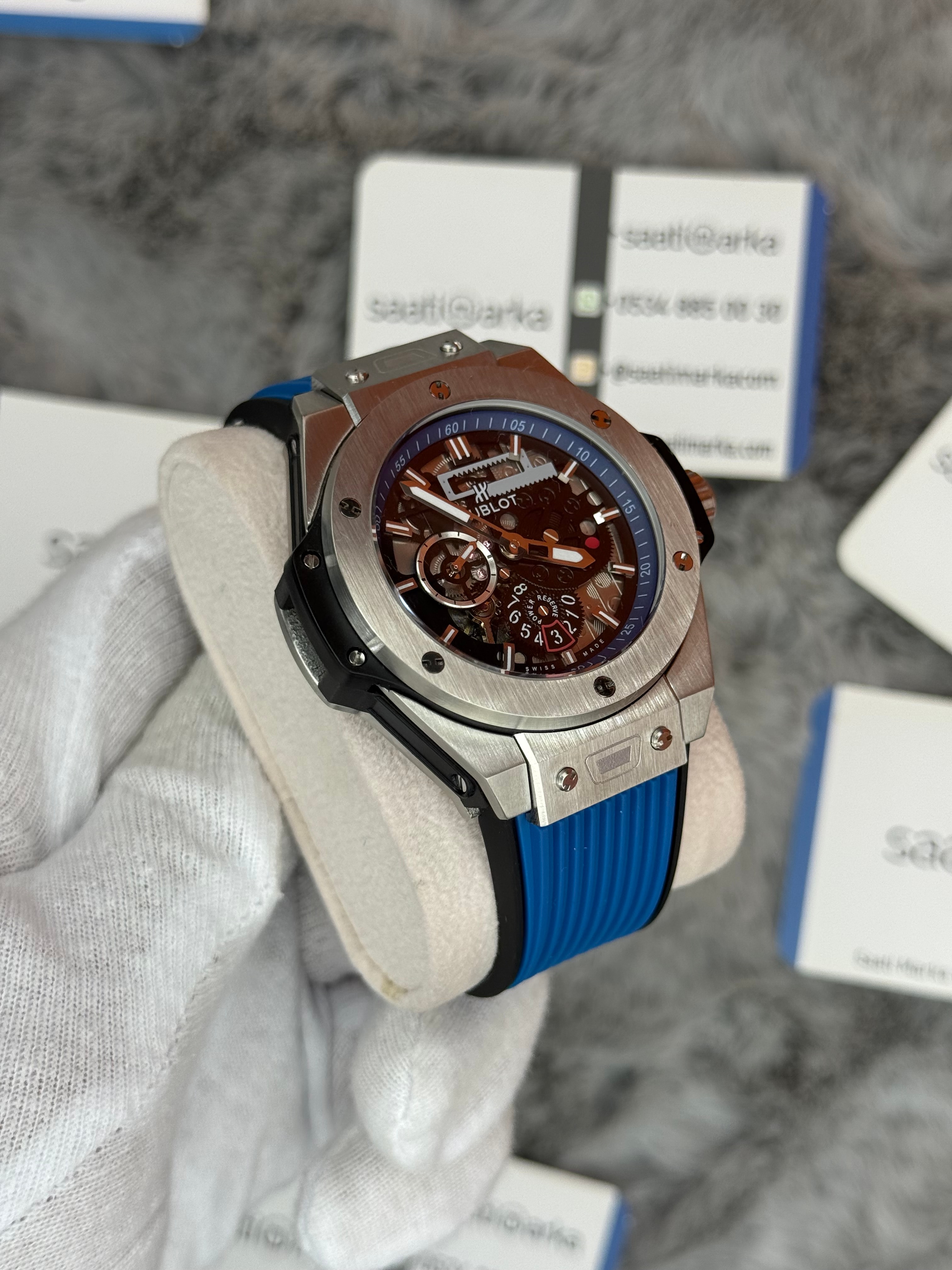 HUBLOT big bang tourbillon 42mm silver kasa mavi kauçuk kordon erkek kol saati