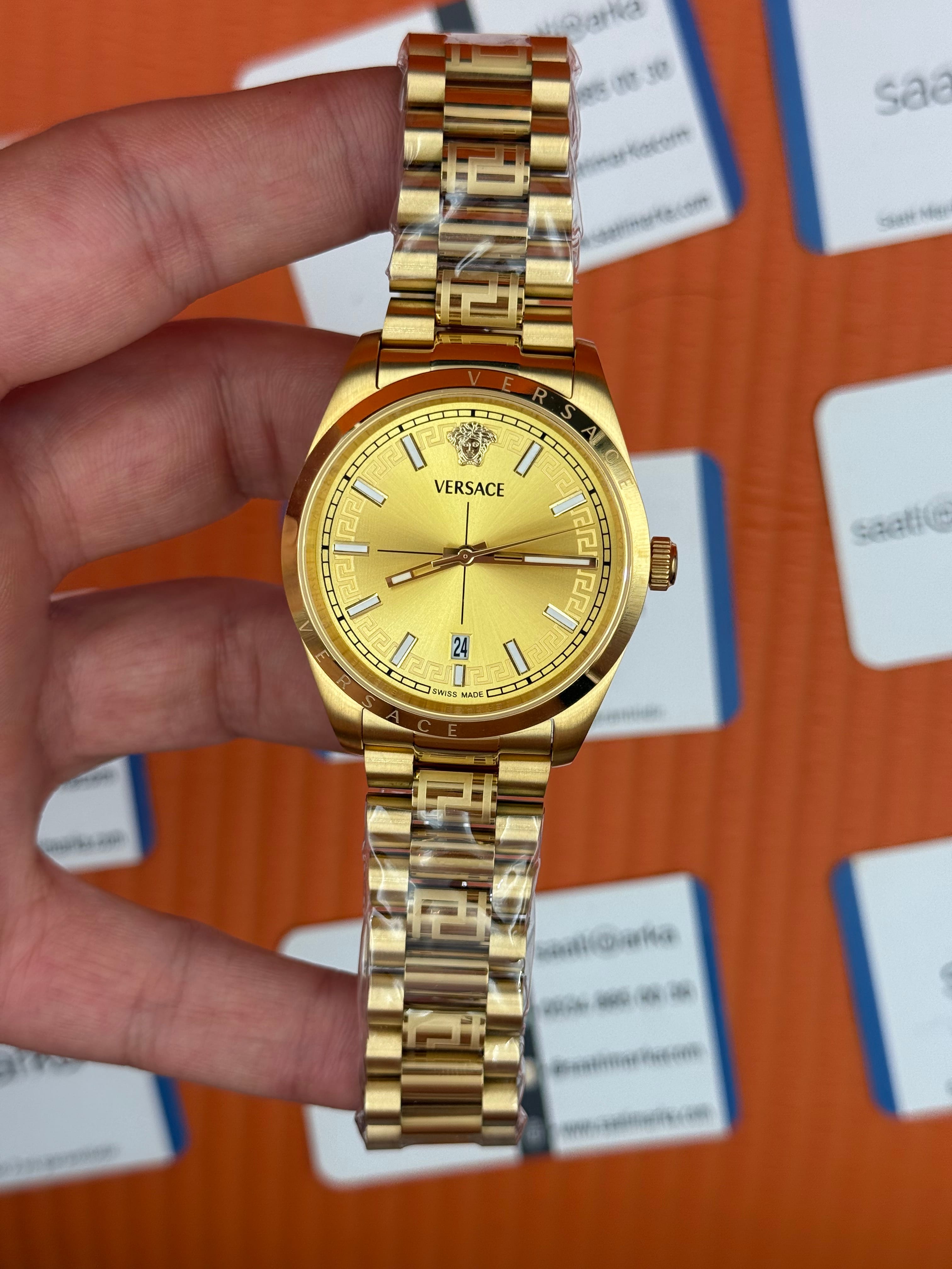 VERSACE 40mm gold kadran gold kasa kordon erkek kol saati