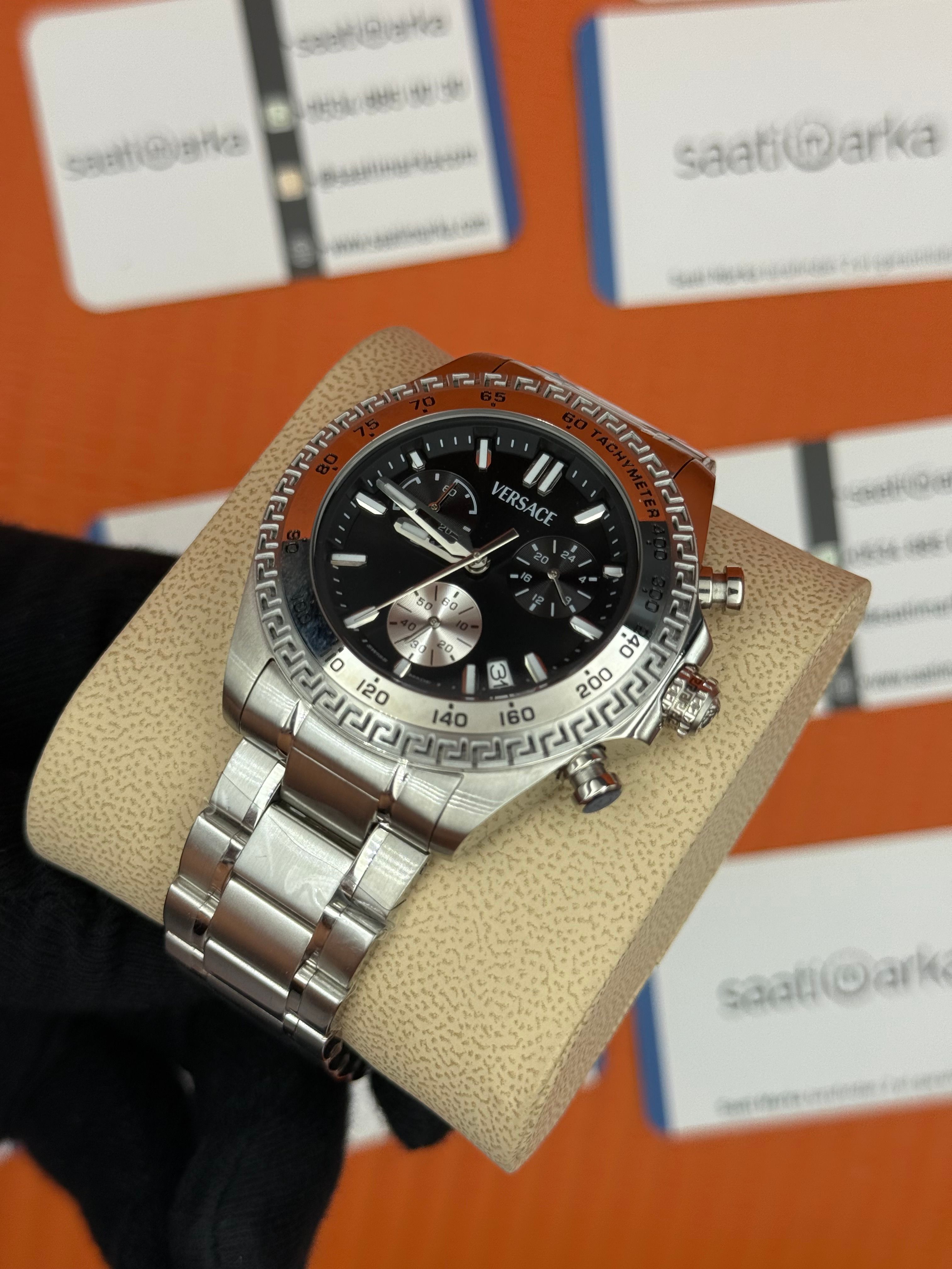 VERSACE siyah kadran silver kasa kordon erkek kol saati