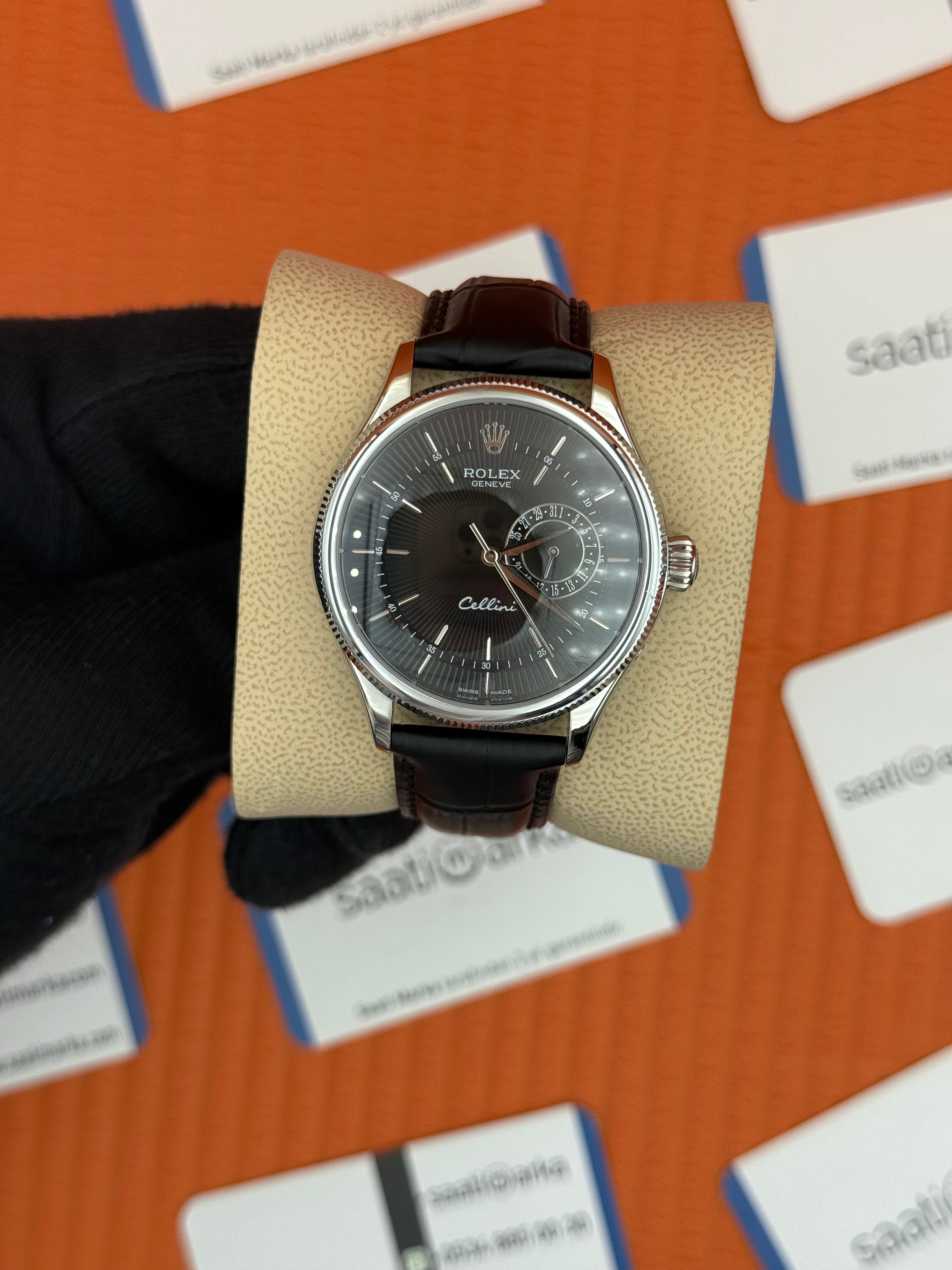 ROLEX Cellini silver kasa siyah kadran siyah deri kordon