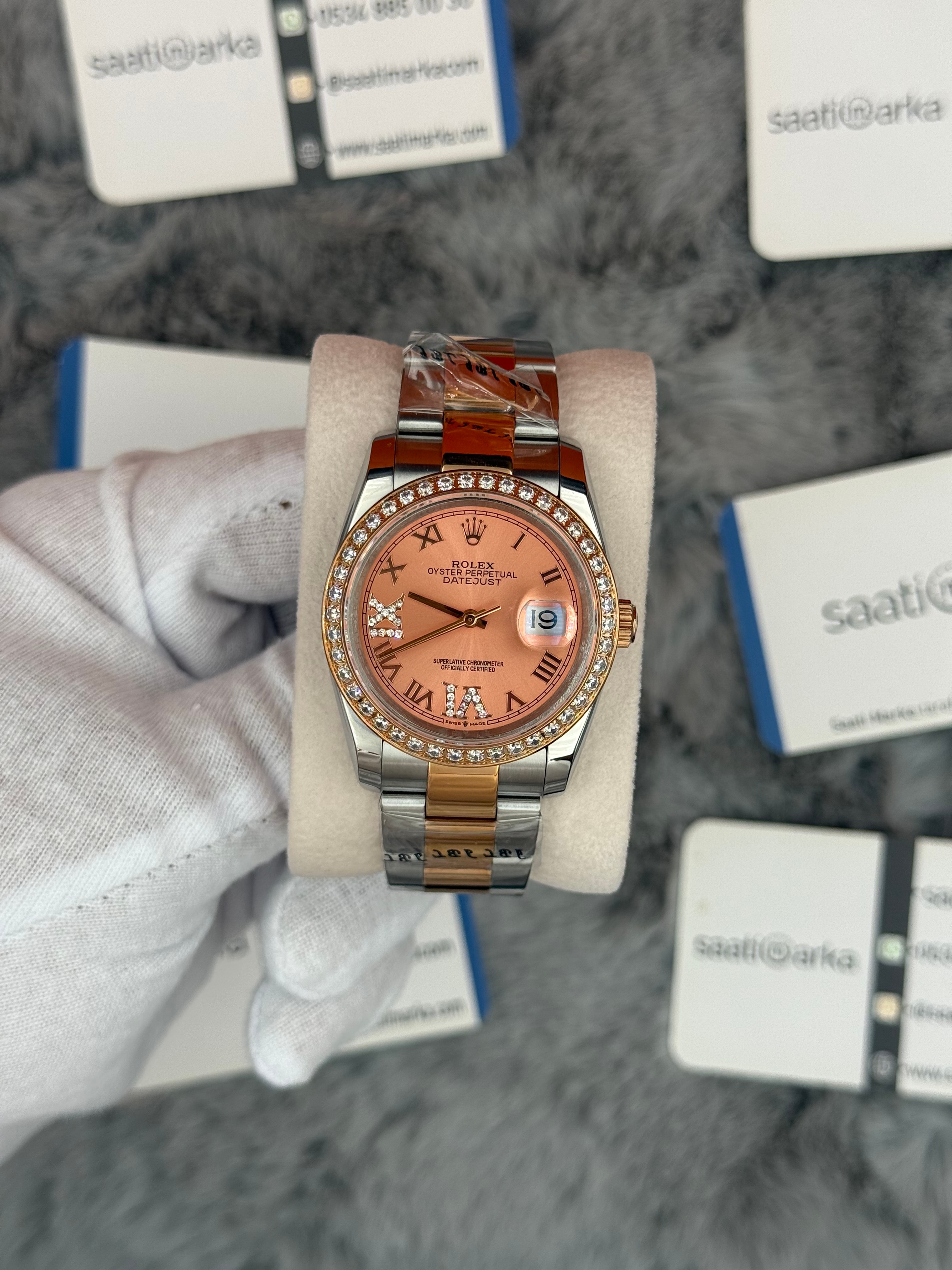 ROLEX Datejust 36mm rose kadran taşlı bezel silver kasa rose silver oyster kordon