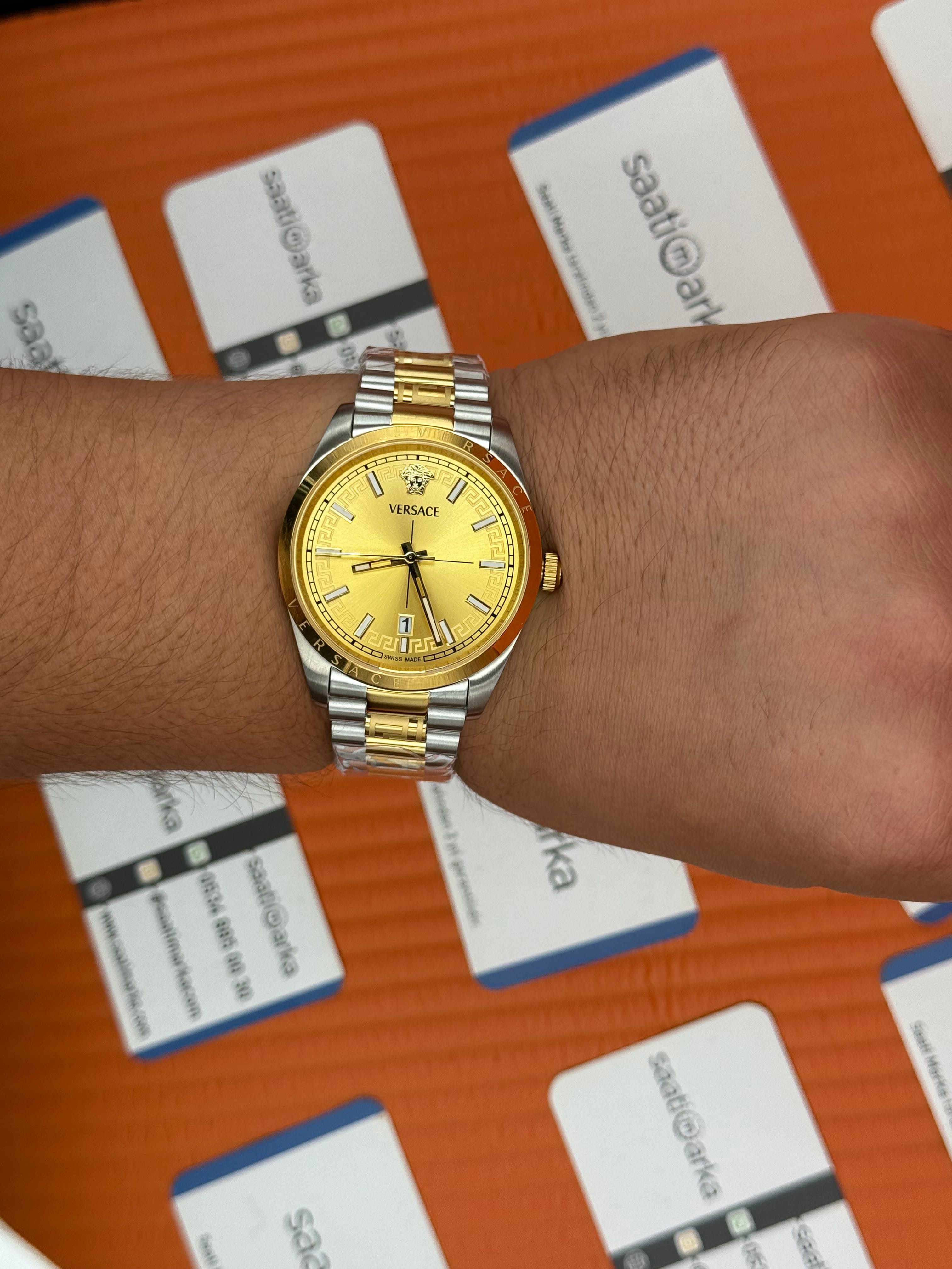 VERSACE 40mm gold kadran gold silver kasa kordon erkek kol saati