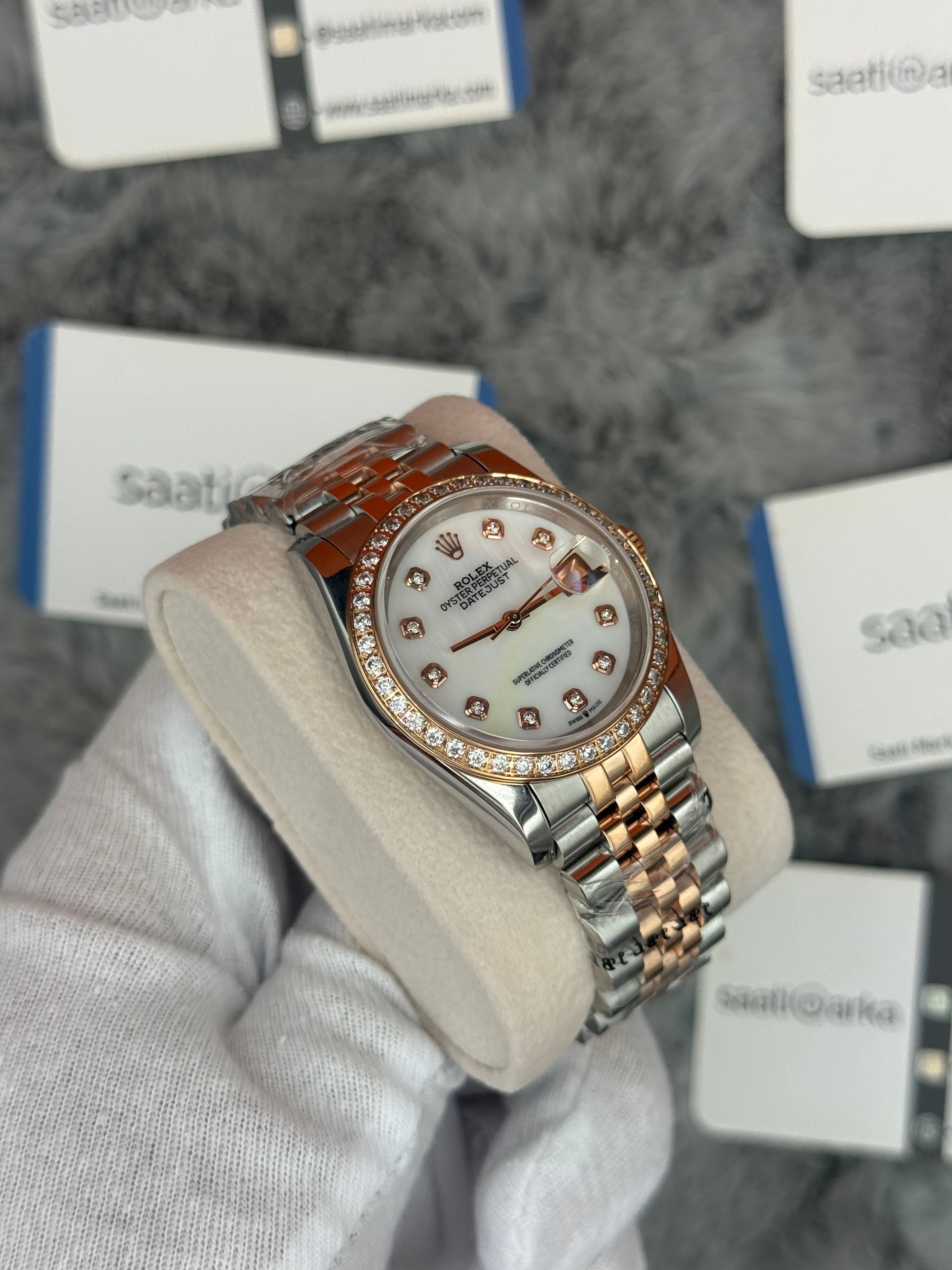 ROLEX Datejust 36mm beyaz kadran taşlı bezel silver kasa rose silver jubilee kordon