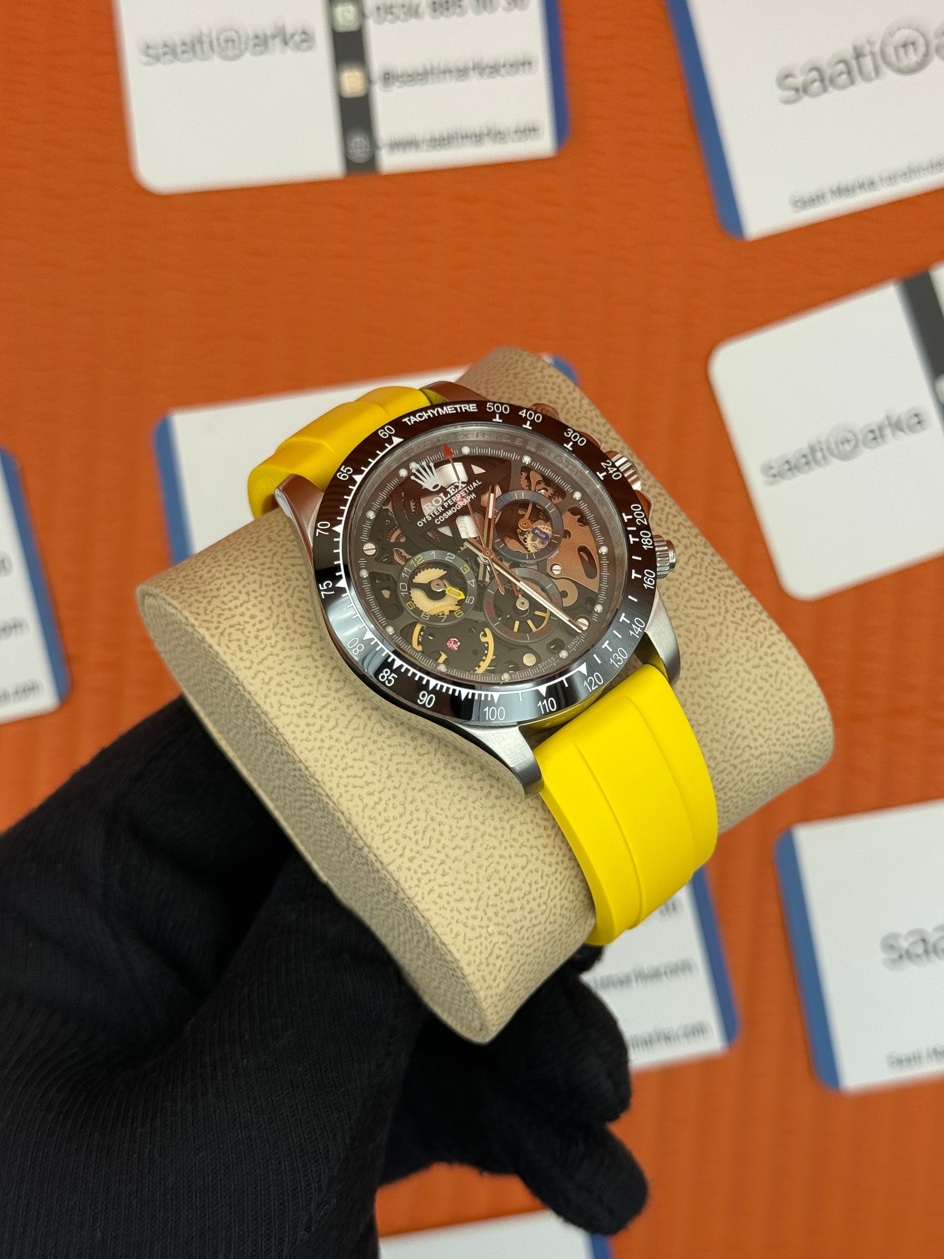 ROLEX Daytona juan pablo montoya sarı kauçuk kordon silver kasa
