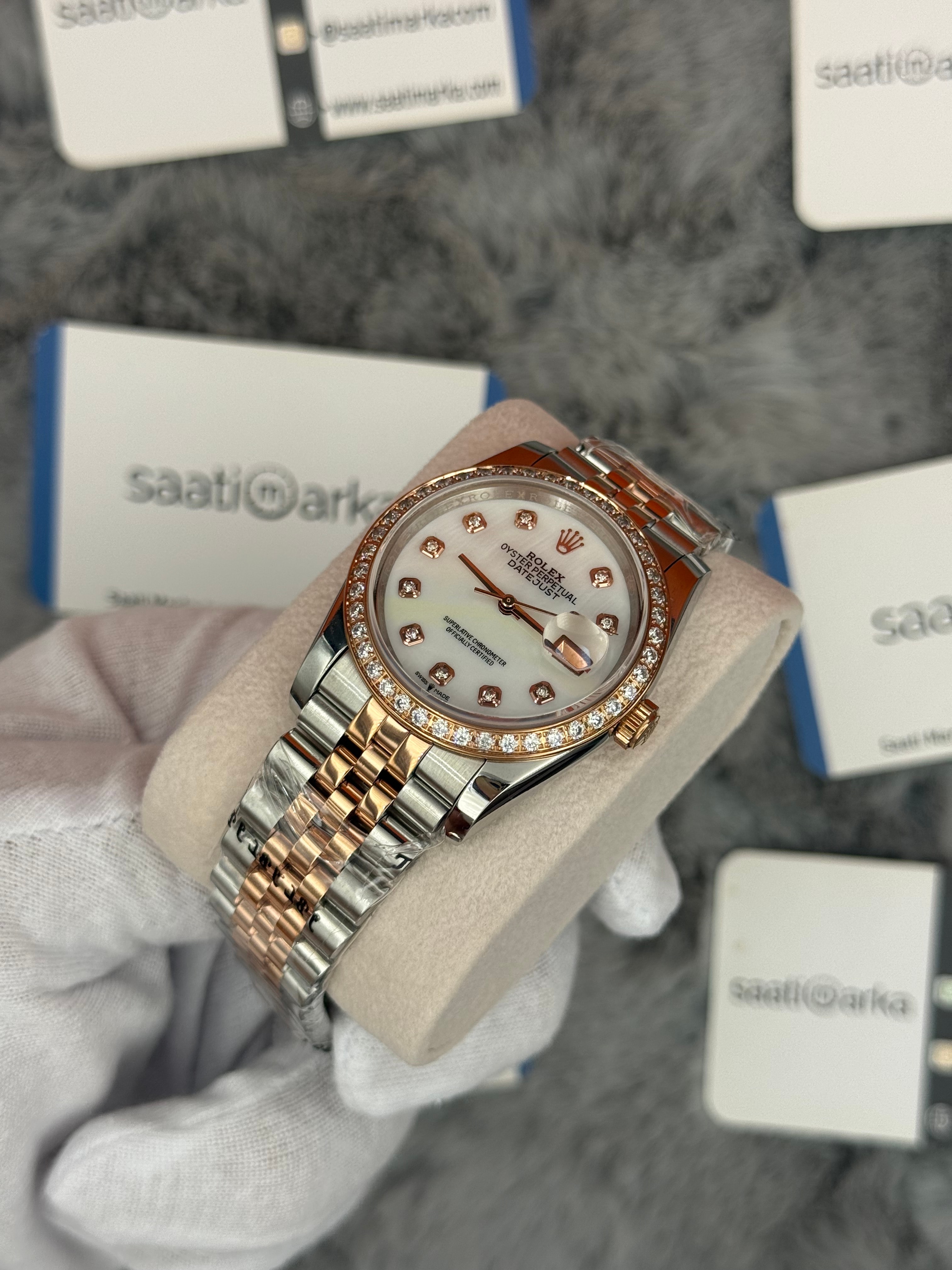 ROLEX Datejust 36mm beyaz kadran taşlı bezel silver kasa rose silver jubilee kordon