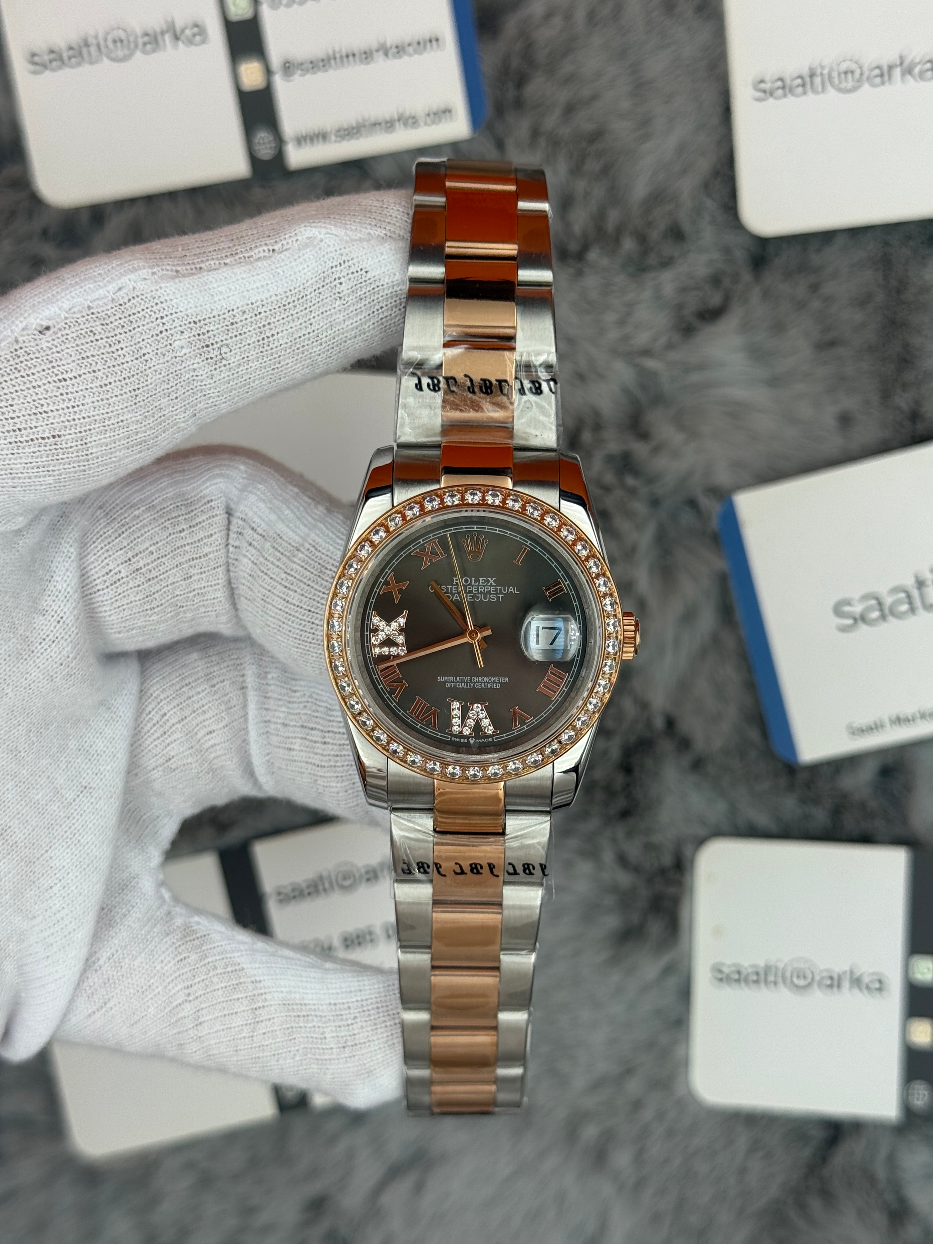 ROLEX Datejust 36mm gri kadran taşlı bezel silver kasa rose silver oyster kordon 
