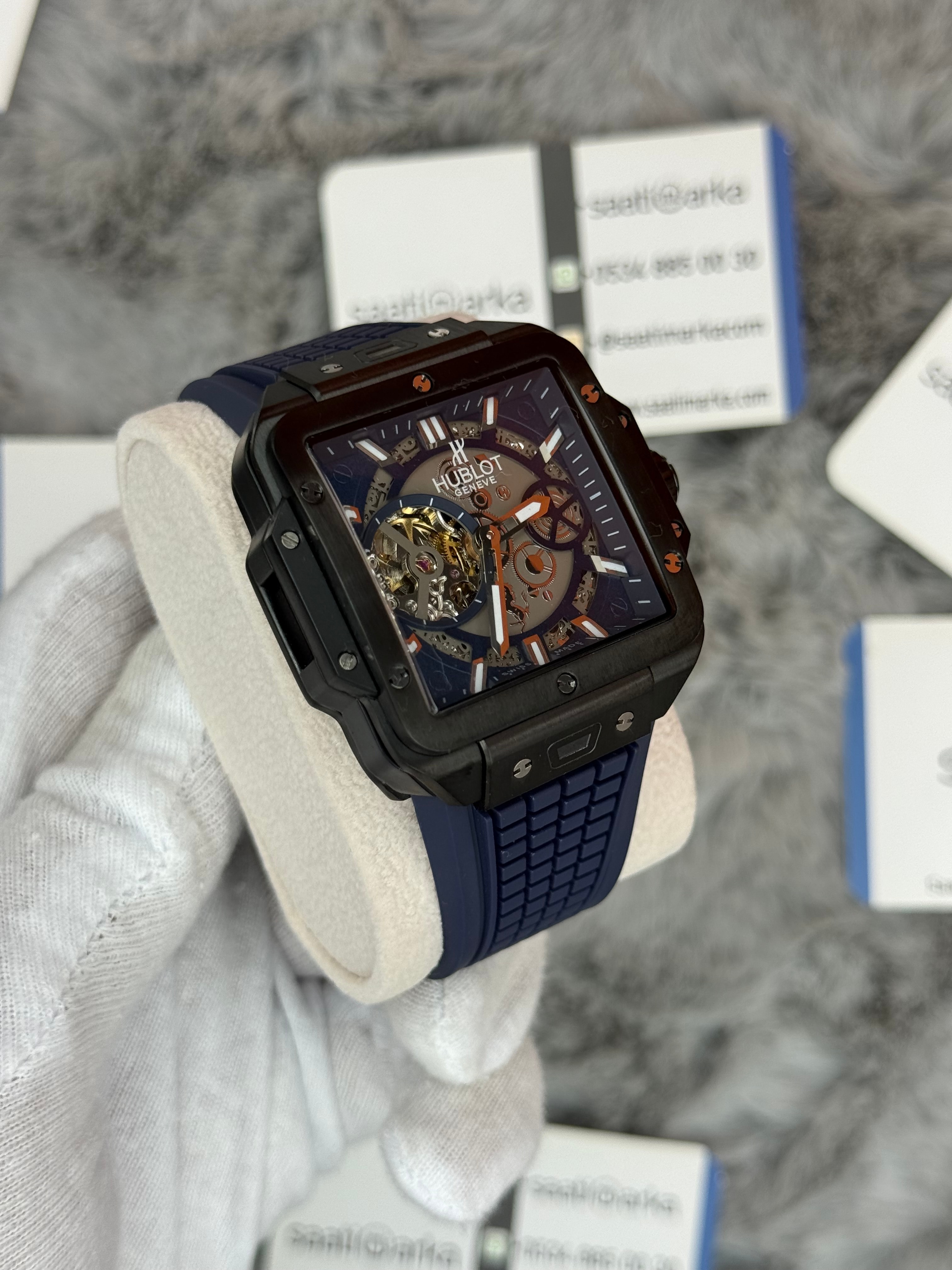 HUBLOT square bang tourbillon 42mm siyah kasa lacivert kasa erkek kol saati