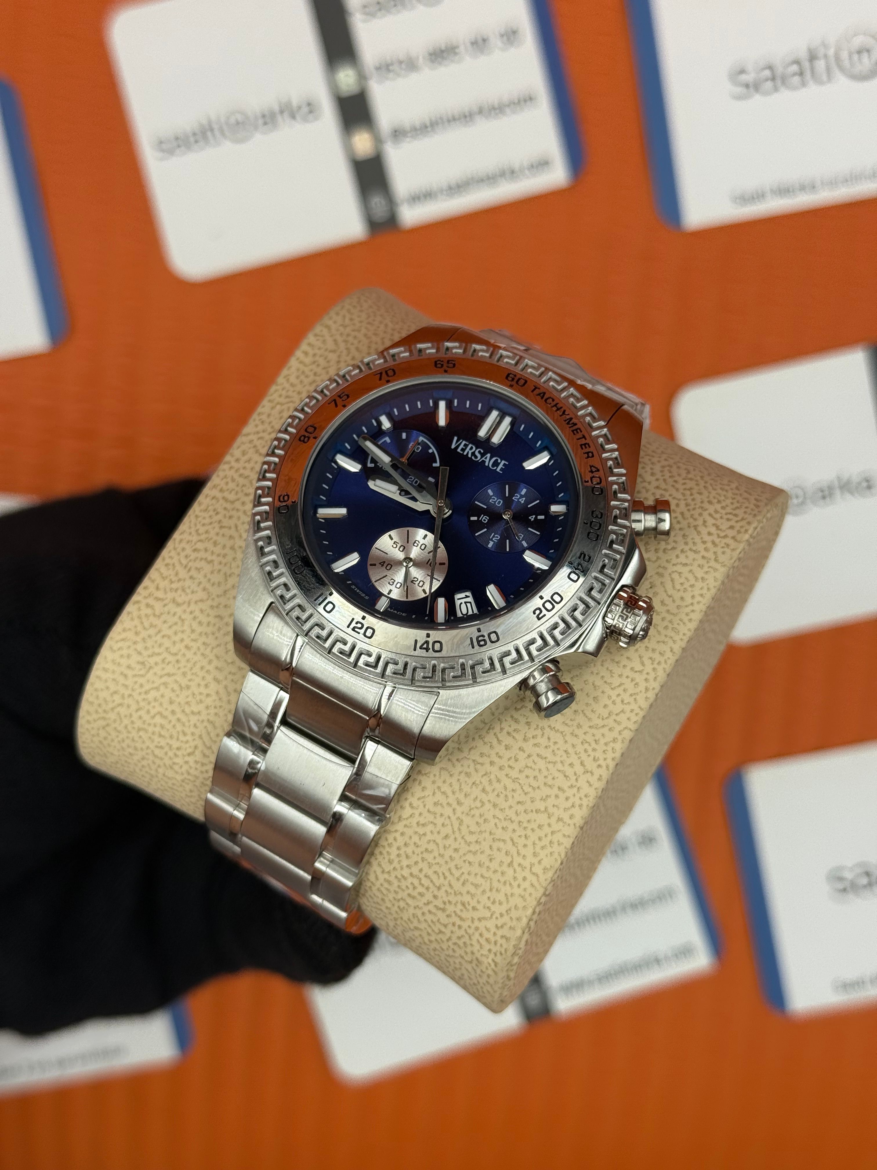VERSACE mavi kadran silver kasa kordon erkek kol saati