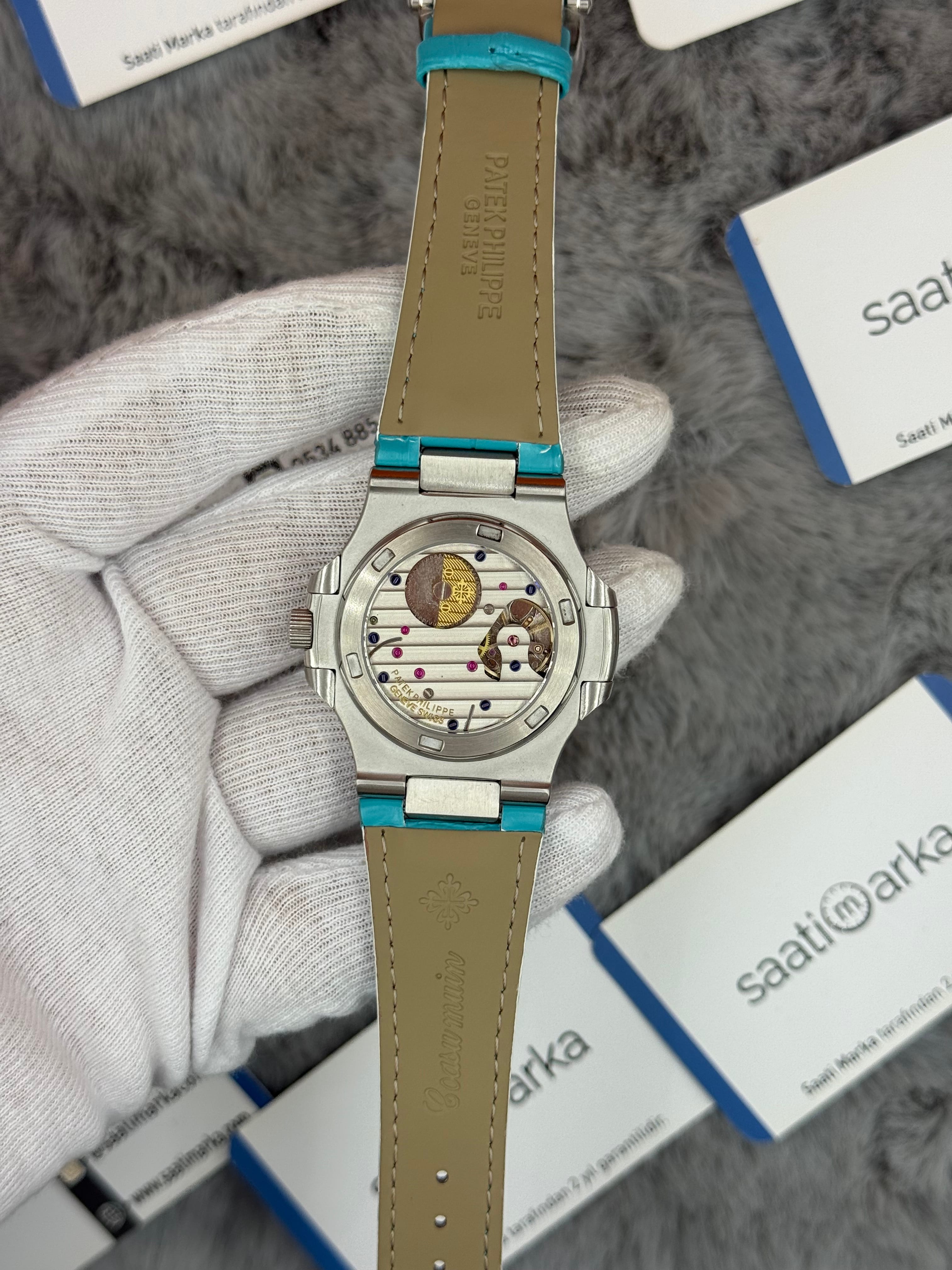 PATEK PHİLİPPE nautilus moontphase 5712 turkuaz kadran turkuaz deri kordon silver kasa 40mm erkek kol saati
