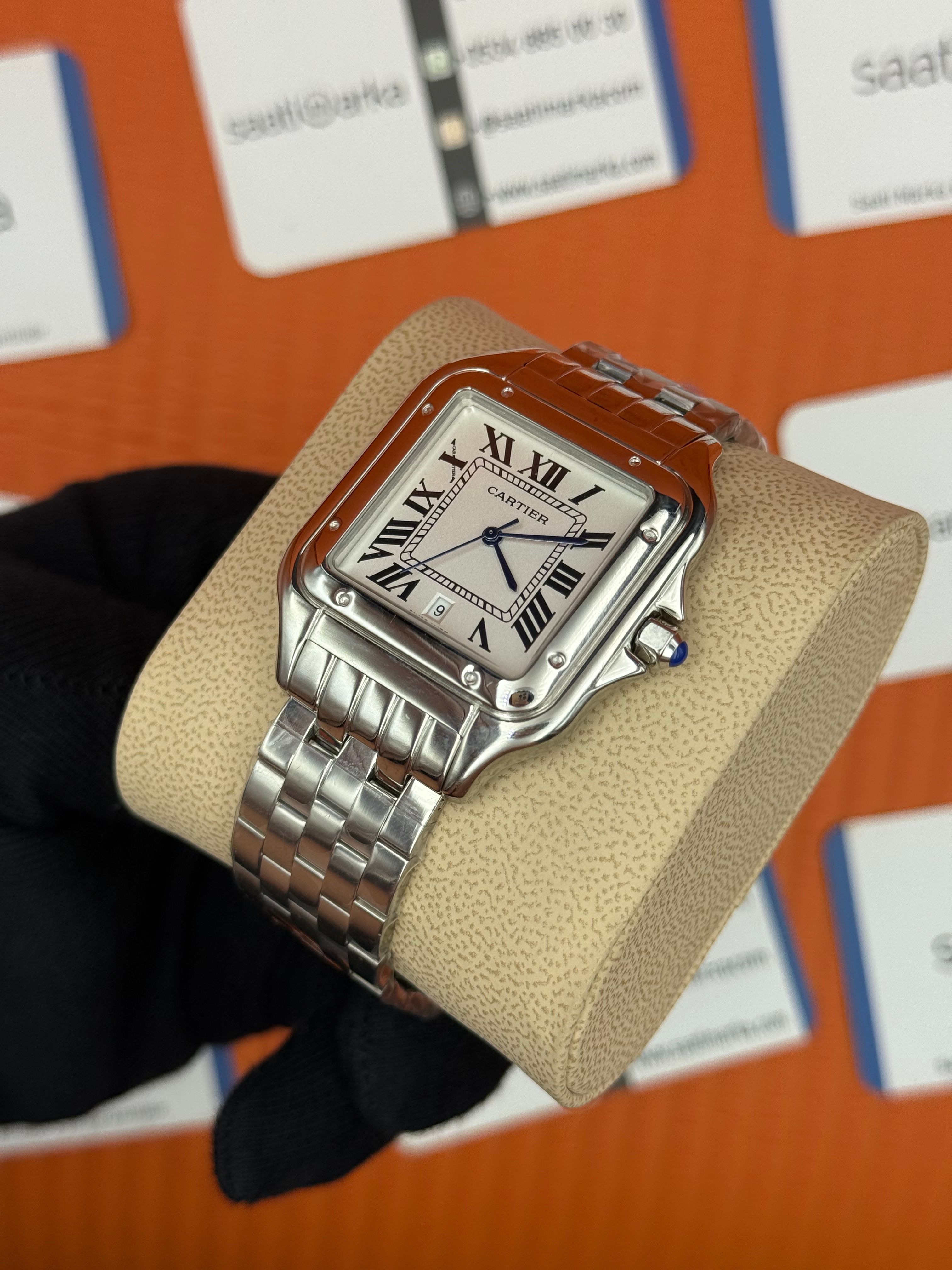 CARTİER panthere 42mm beyaz kadran silver kasa kordon erkek kol saati