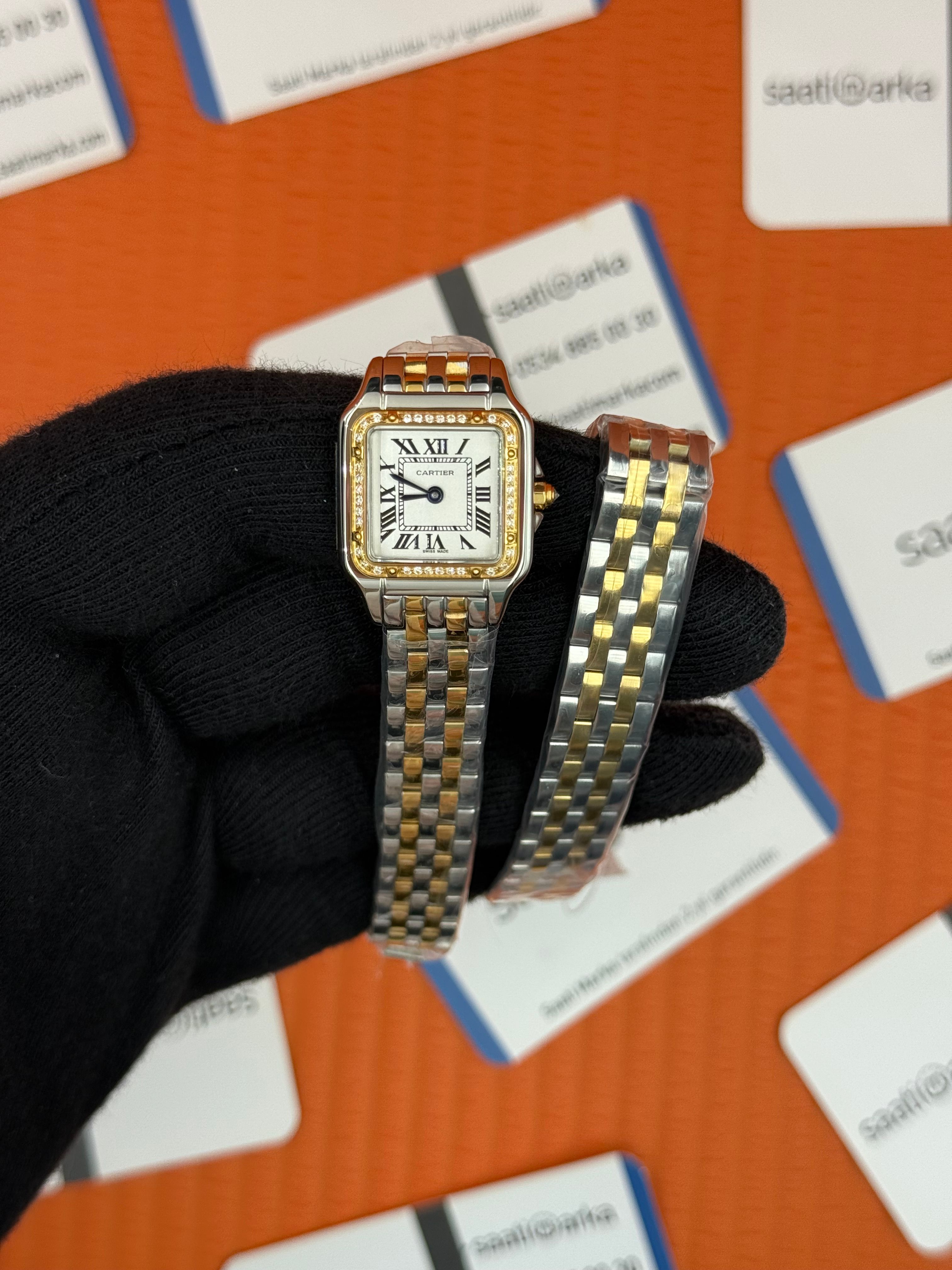 CARTIER Panthere 22mm çift sarma gold-silver kordon taşlı bezel silver kasa 