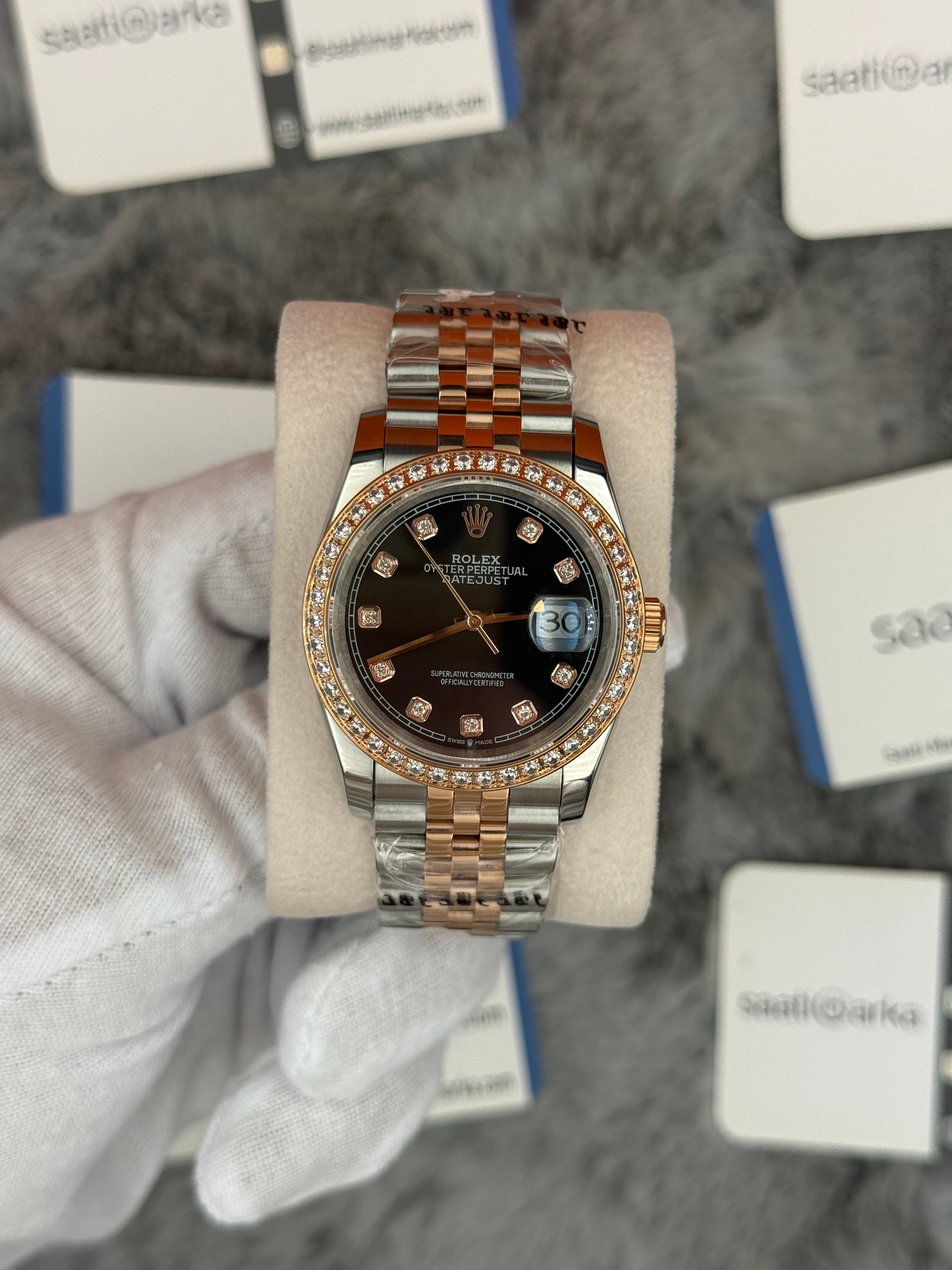 ROLEX Datejust 36mm siyah kadran taşlı bezel rose silver jubilee kordon