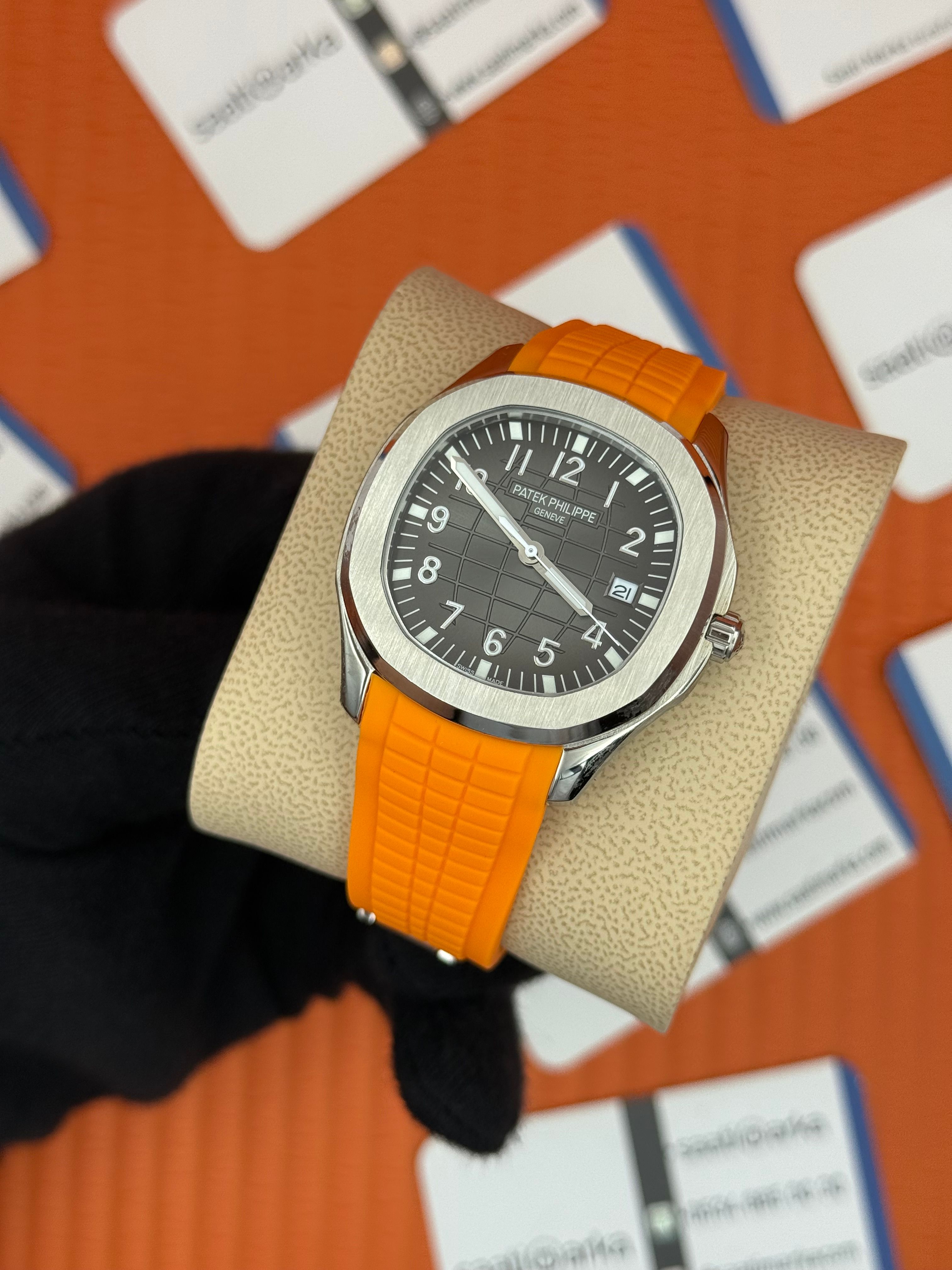 PATEK PHILIPPE AQUANAUT TURUNCU KAUÇUK KORDON GRİ KADRAN SİLVER KASA 