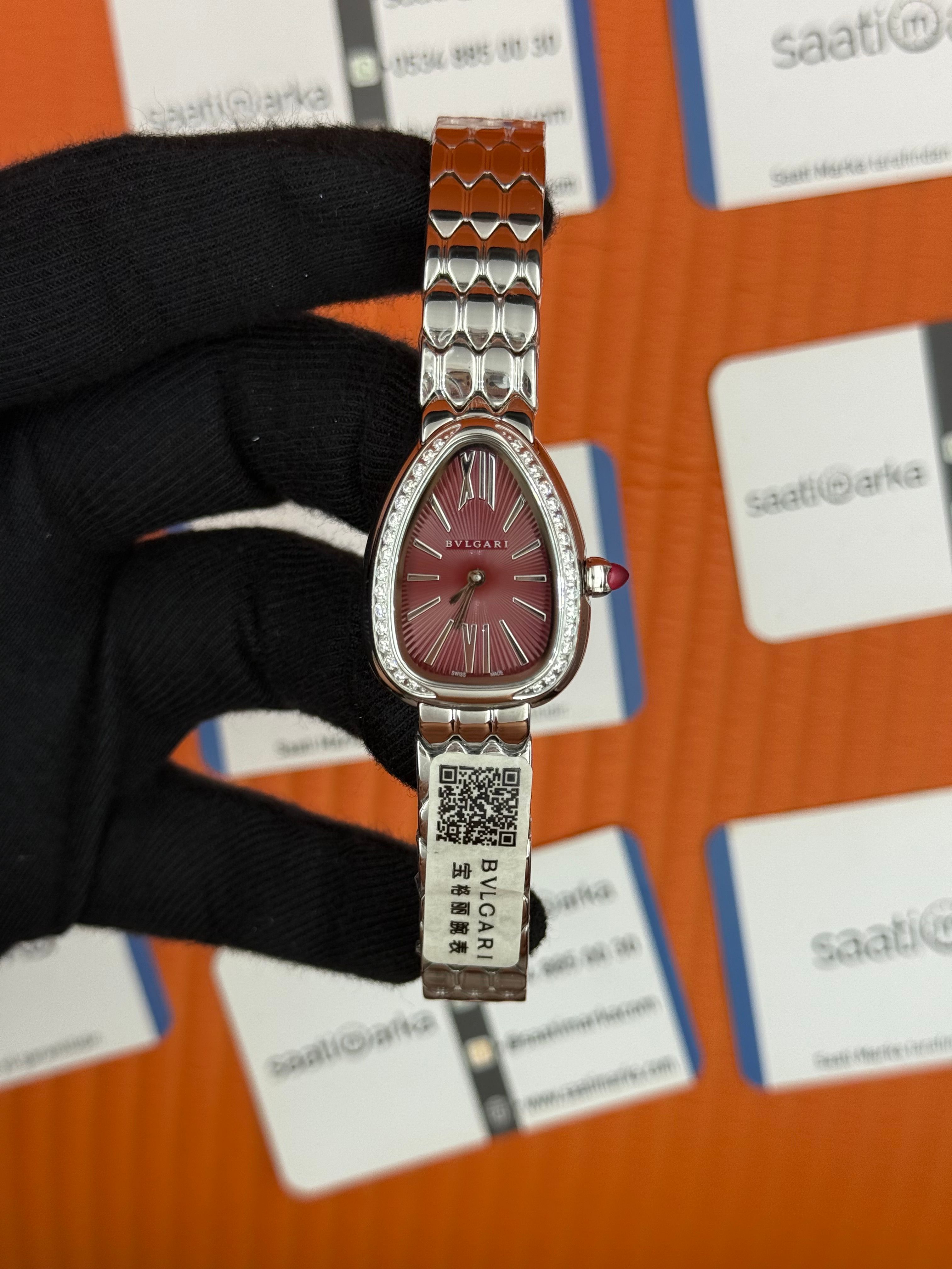BVLGARİ serpenti seduttori taşlı bezel vişne kadran silver kasa kordon kadın kol saati