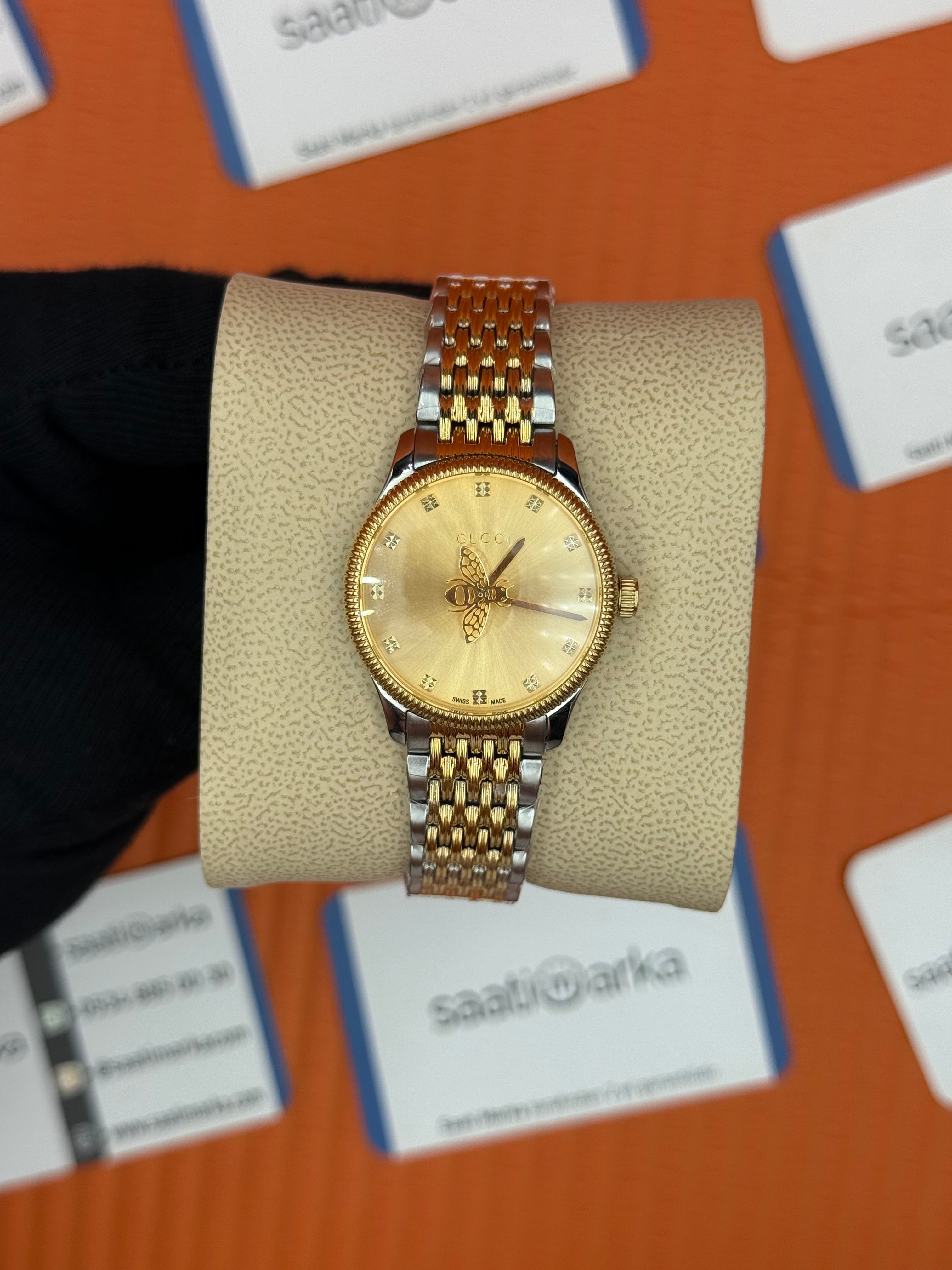 GUCCI sarı kadran gold silver kasa kordon kadın kol saati