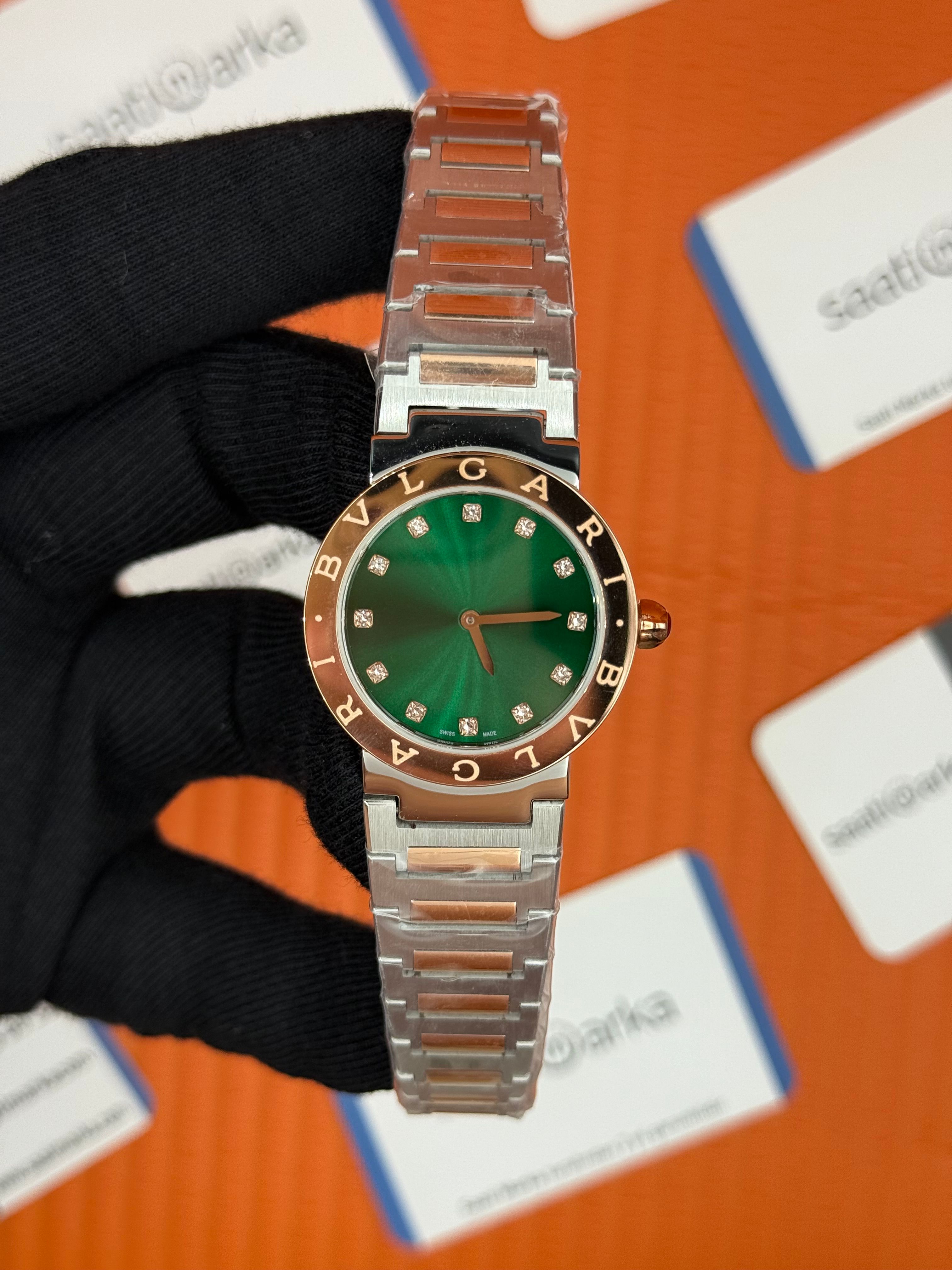 BVLGARI yeşil kadran rose bezel silver kasa kordon kadın kol saati