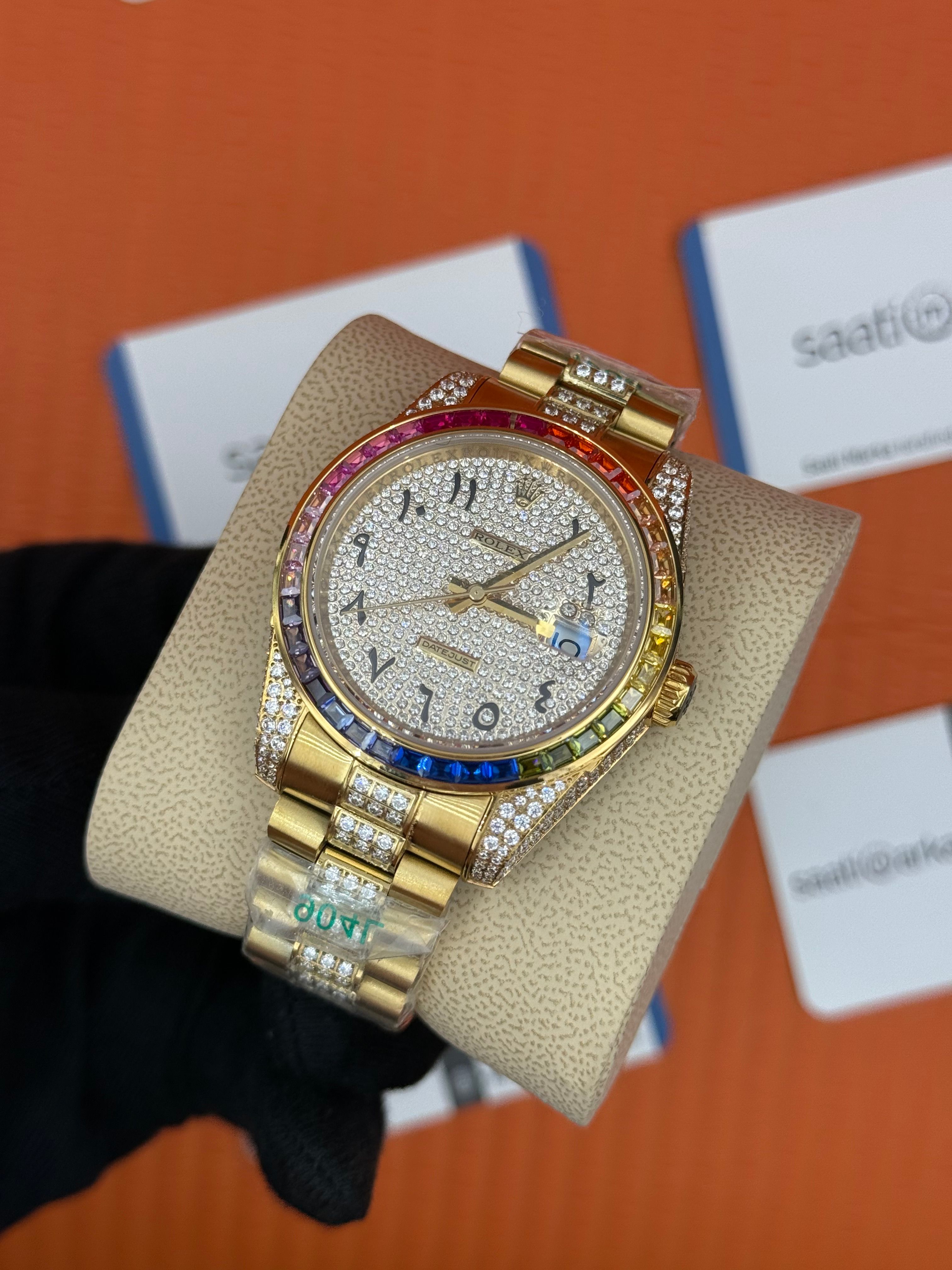ROLEX Datejust arap rakamlı kadran taşlı kasa kordon gold