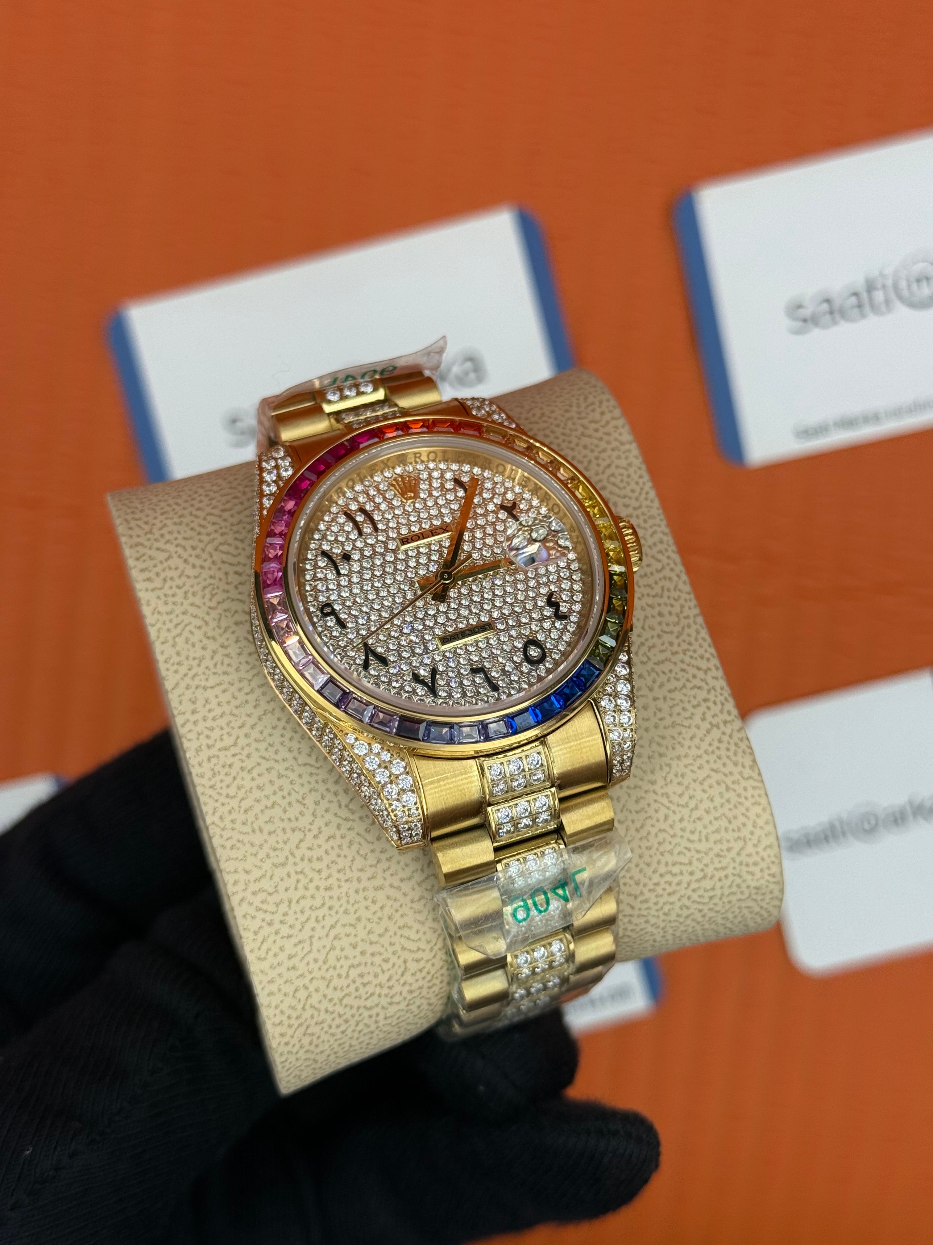 ROLEX Datejust arap rakamlı kadran taşlı kasa kordon gold